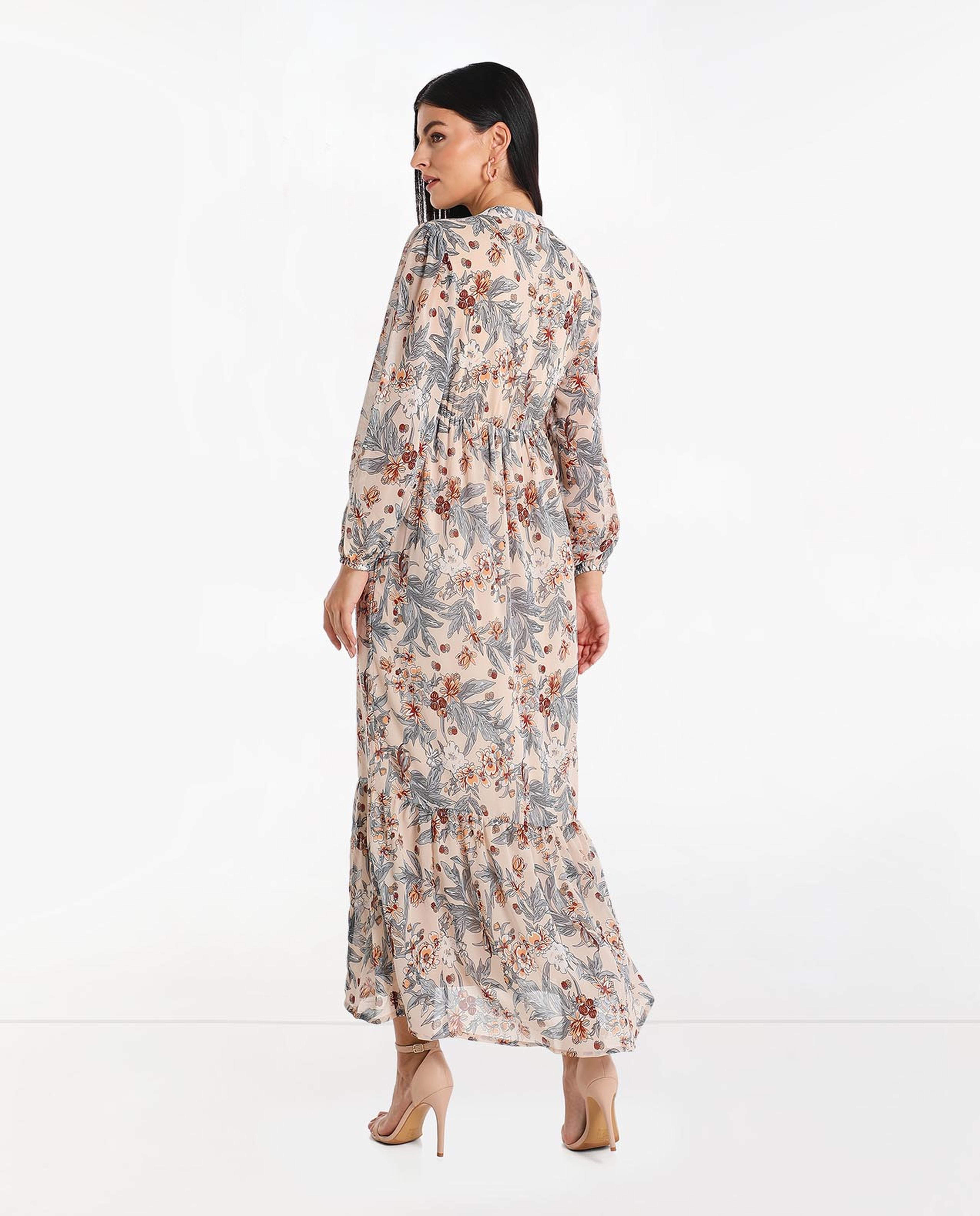 Printed Tiered Maxi Dress With Long Sleeves And Round Neck