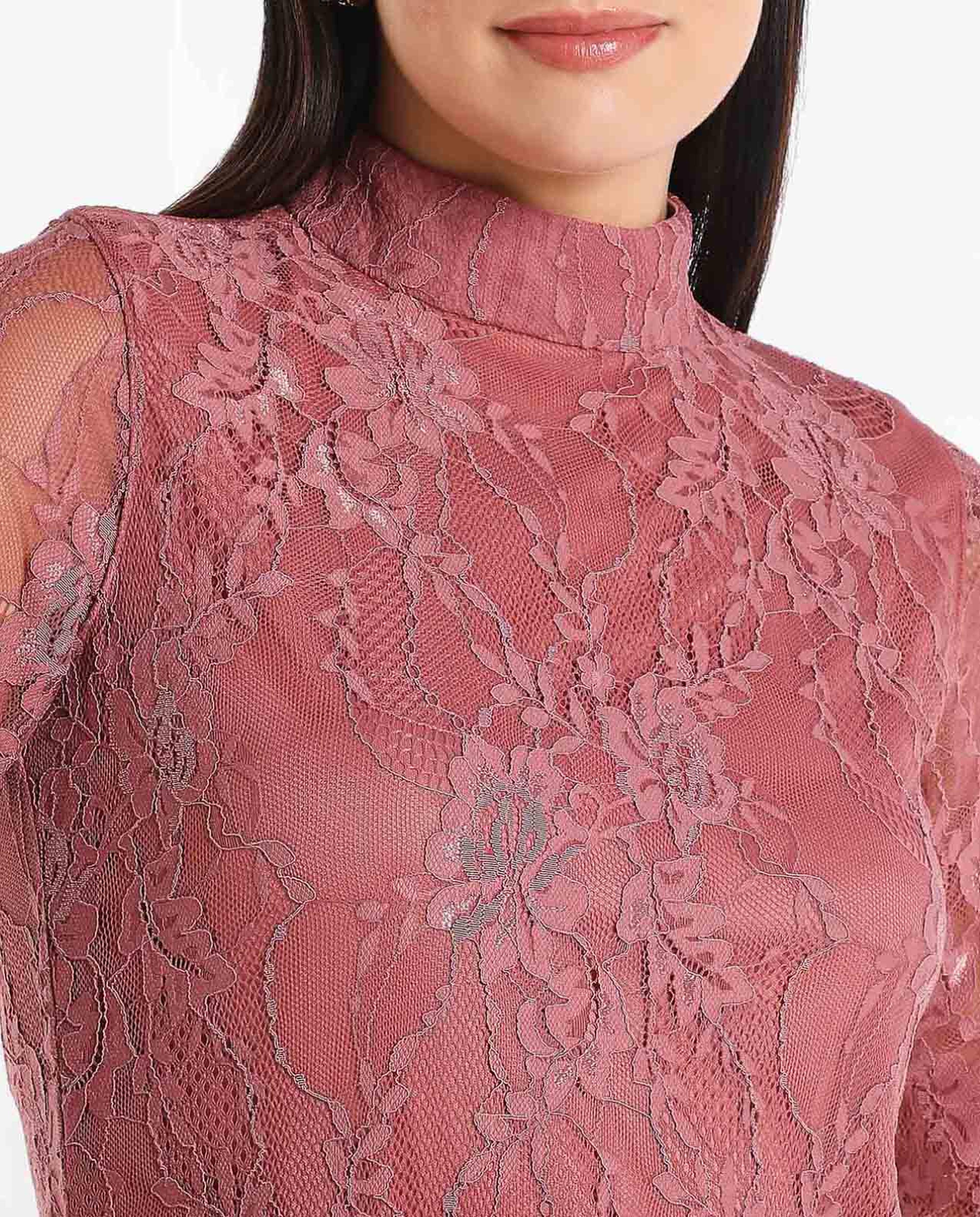 Straight Fit Lace Dress with Mock Neck and Short Sleeve