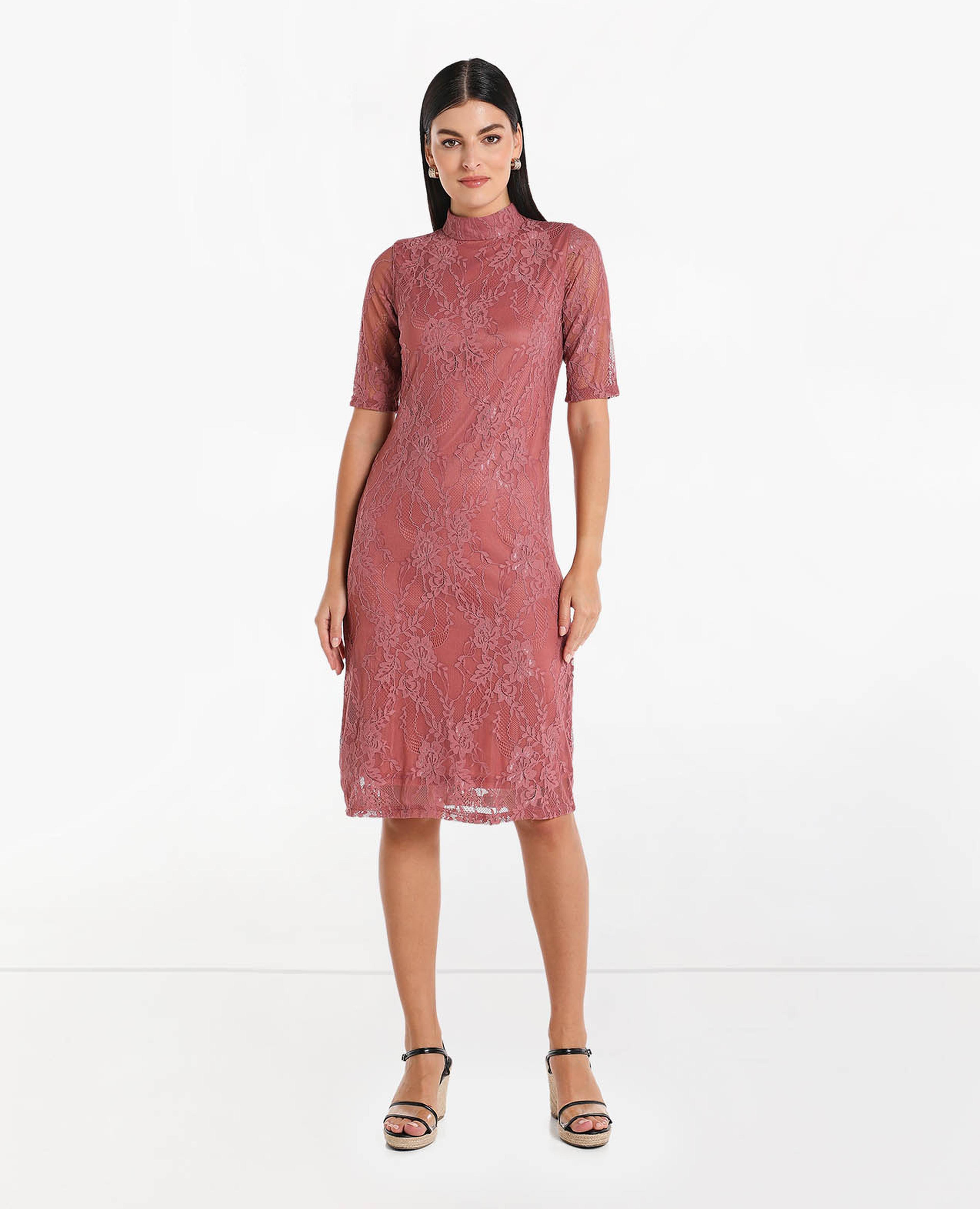 Straight Fit Lace Dress with Mock Neck and Short Sleeve