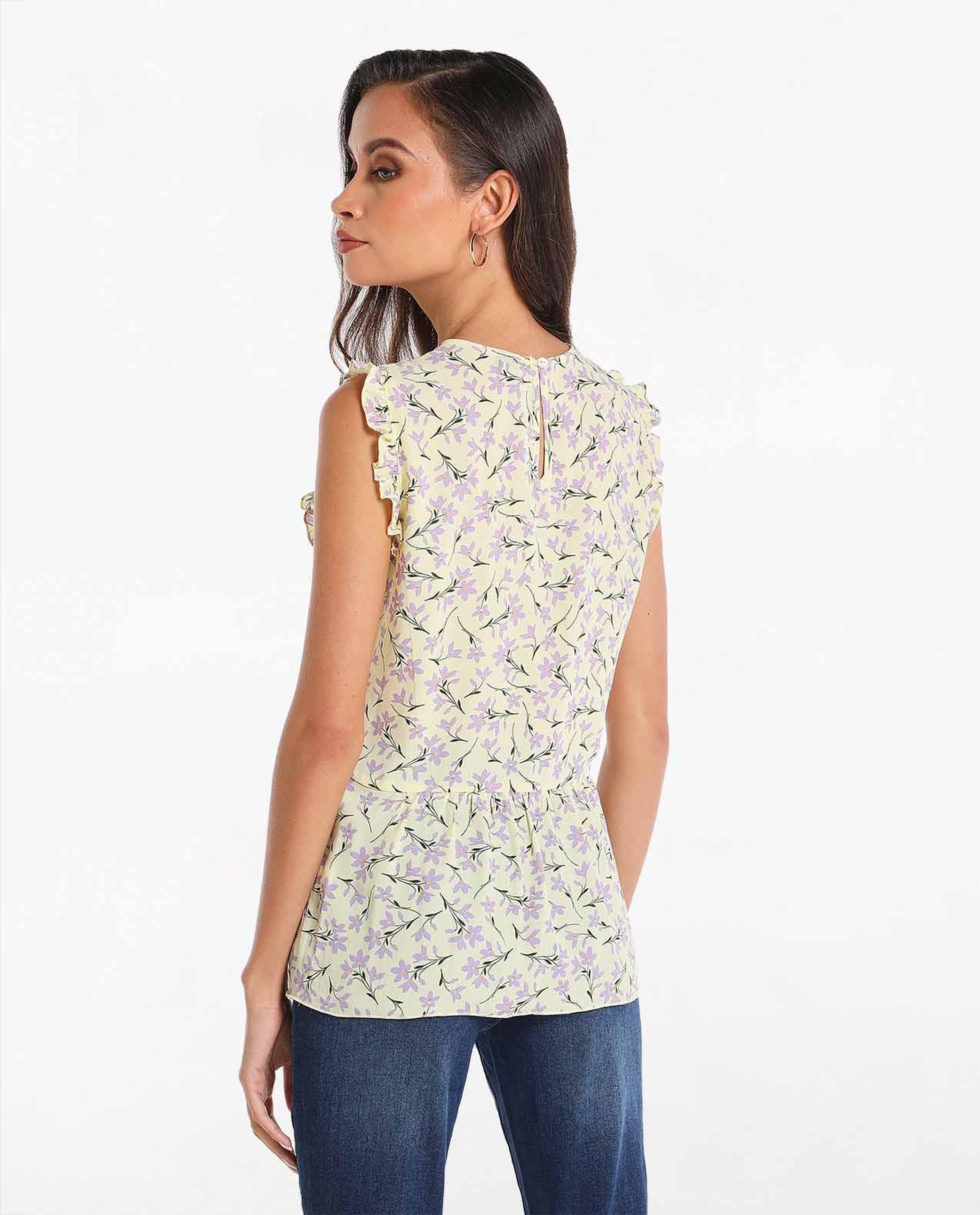 Printed Ruffle Sleeves Top With Crew Neck