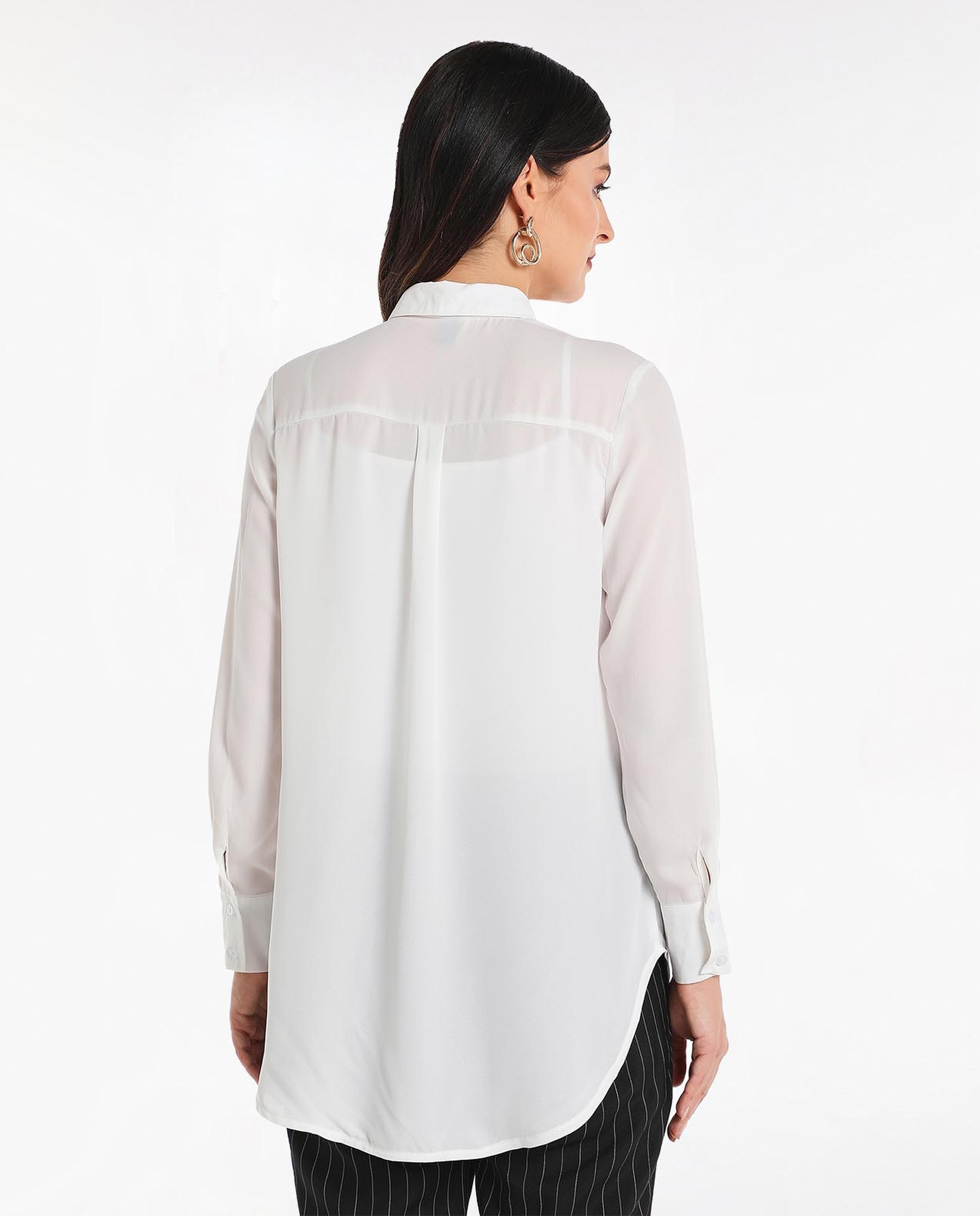 Solid Shirt Style High Low Top With Long Sleeves And Classic Collar