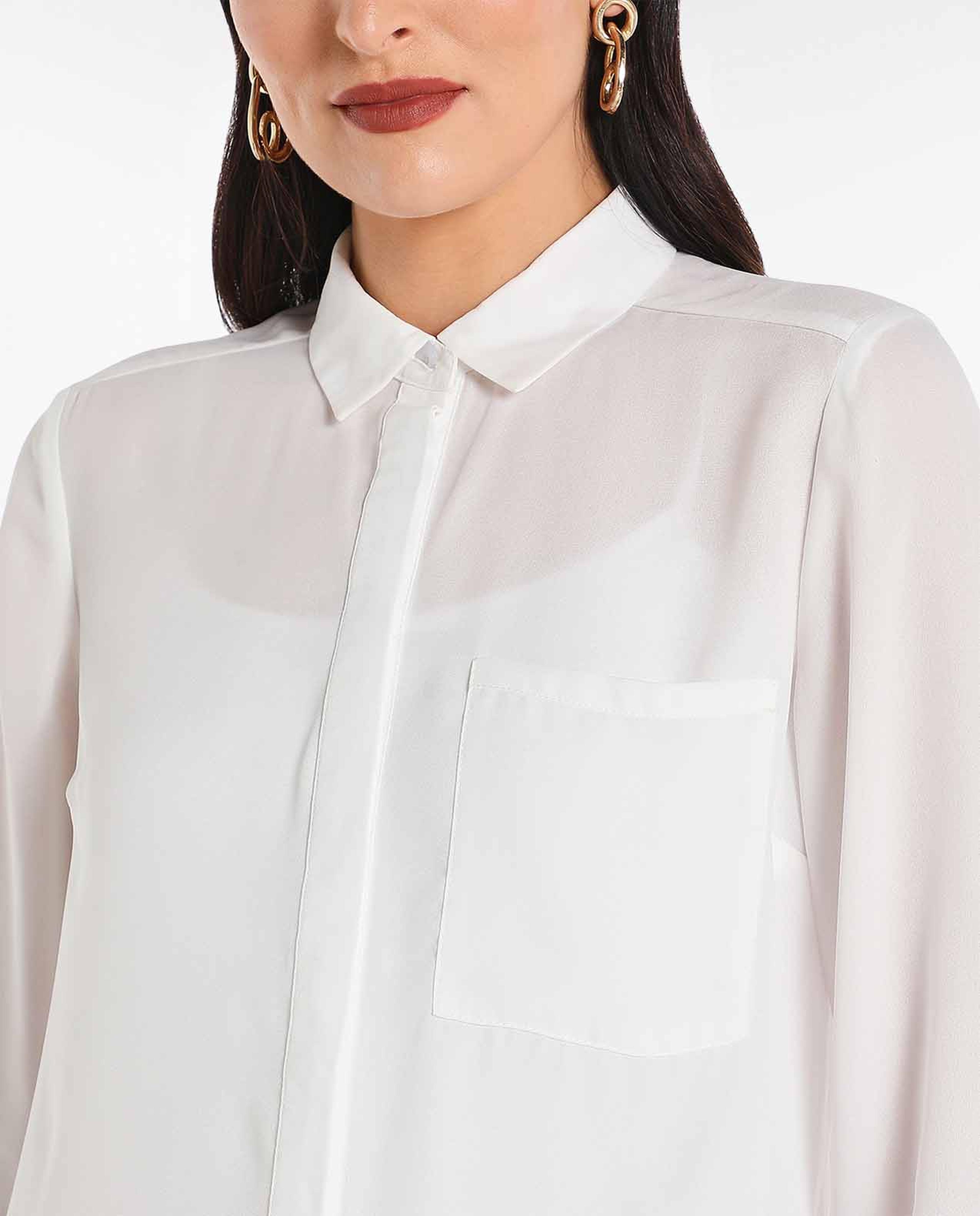 Solid Shirt Style High Low Top With Long Sleeves And Classic Collar