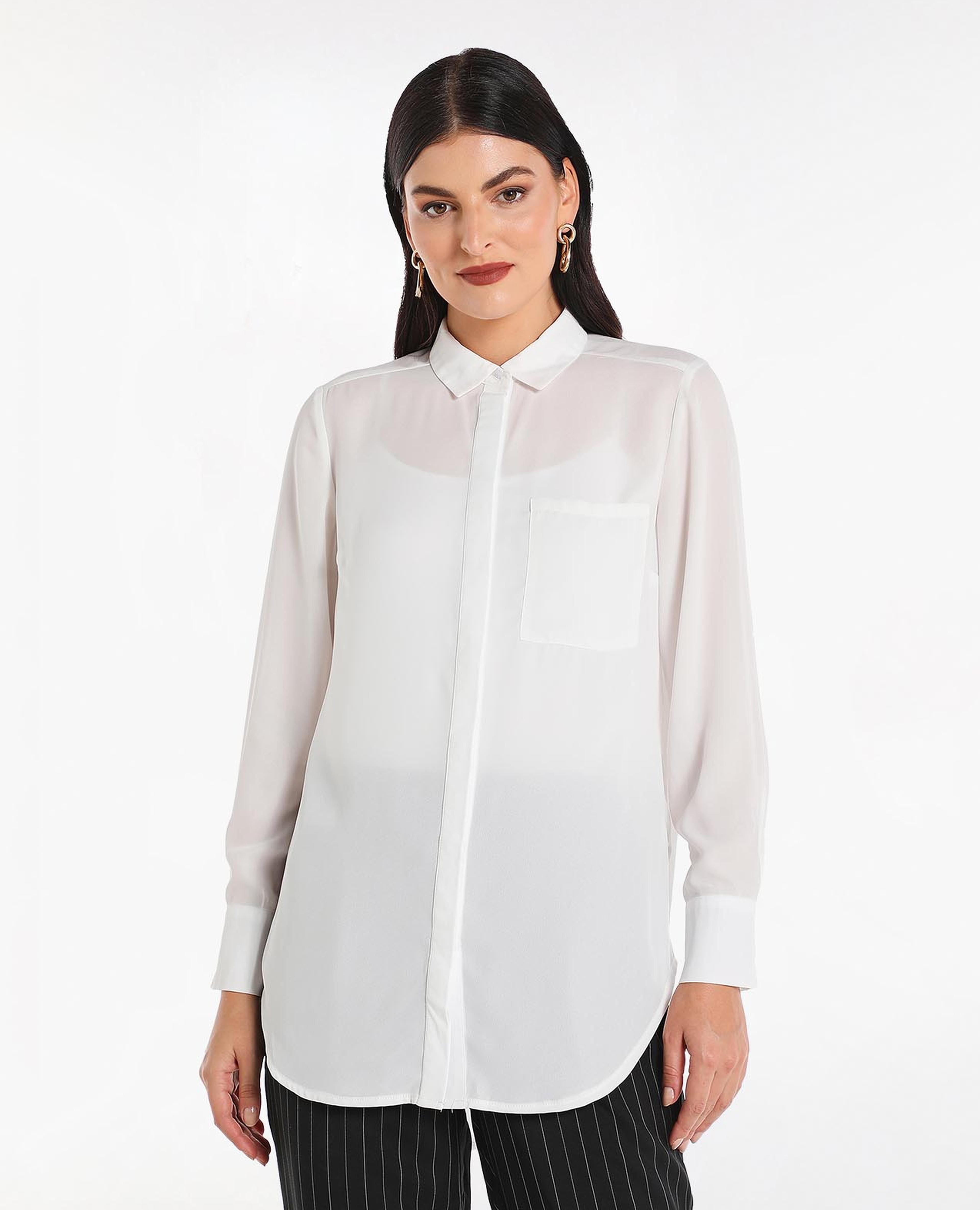 Solid Shirt Style High Low Top With Long Sleeves And Classic Collar