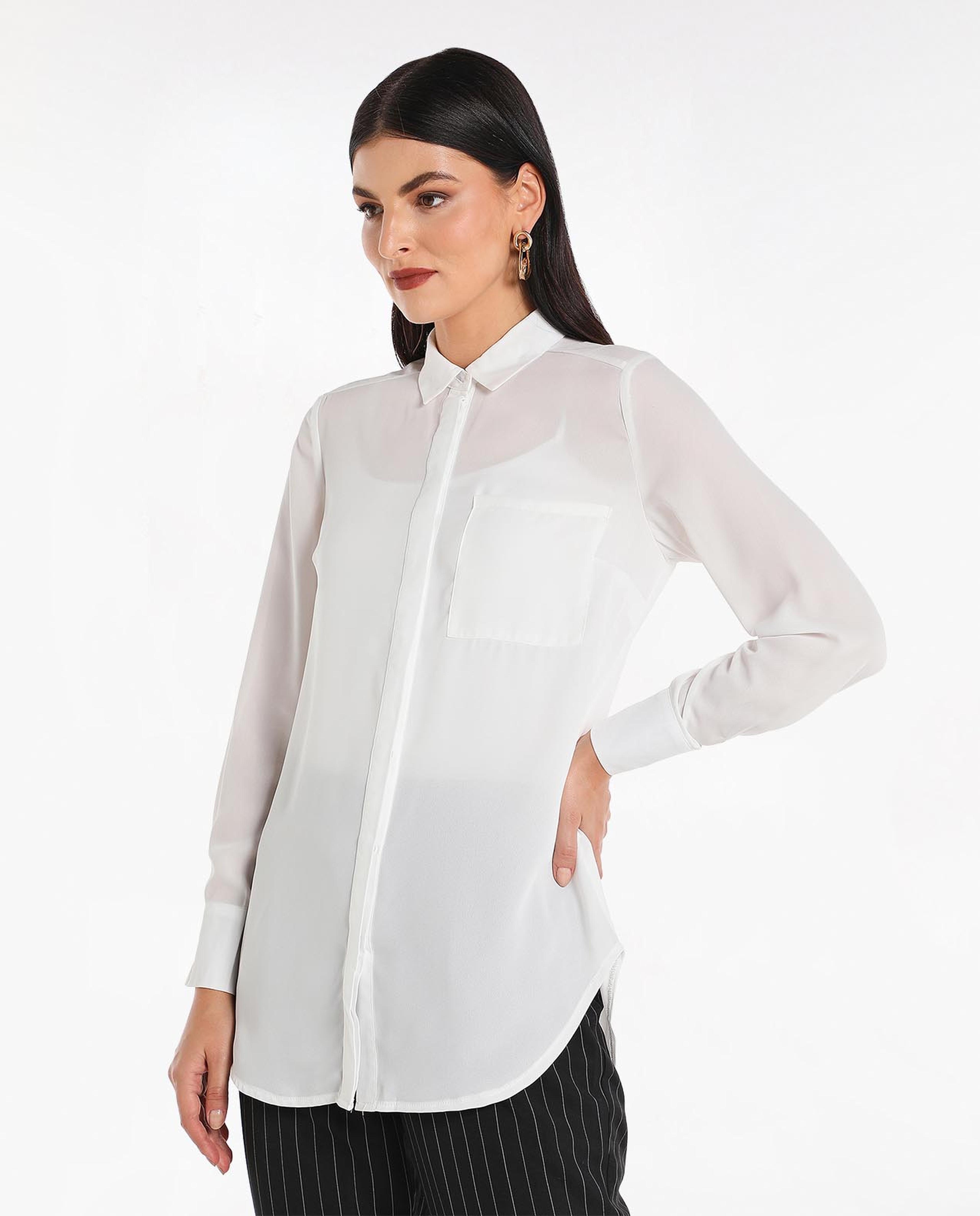 Solid Shirt Style High Low Top With Long Sleeves And Classic Collar