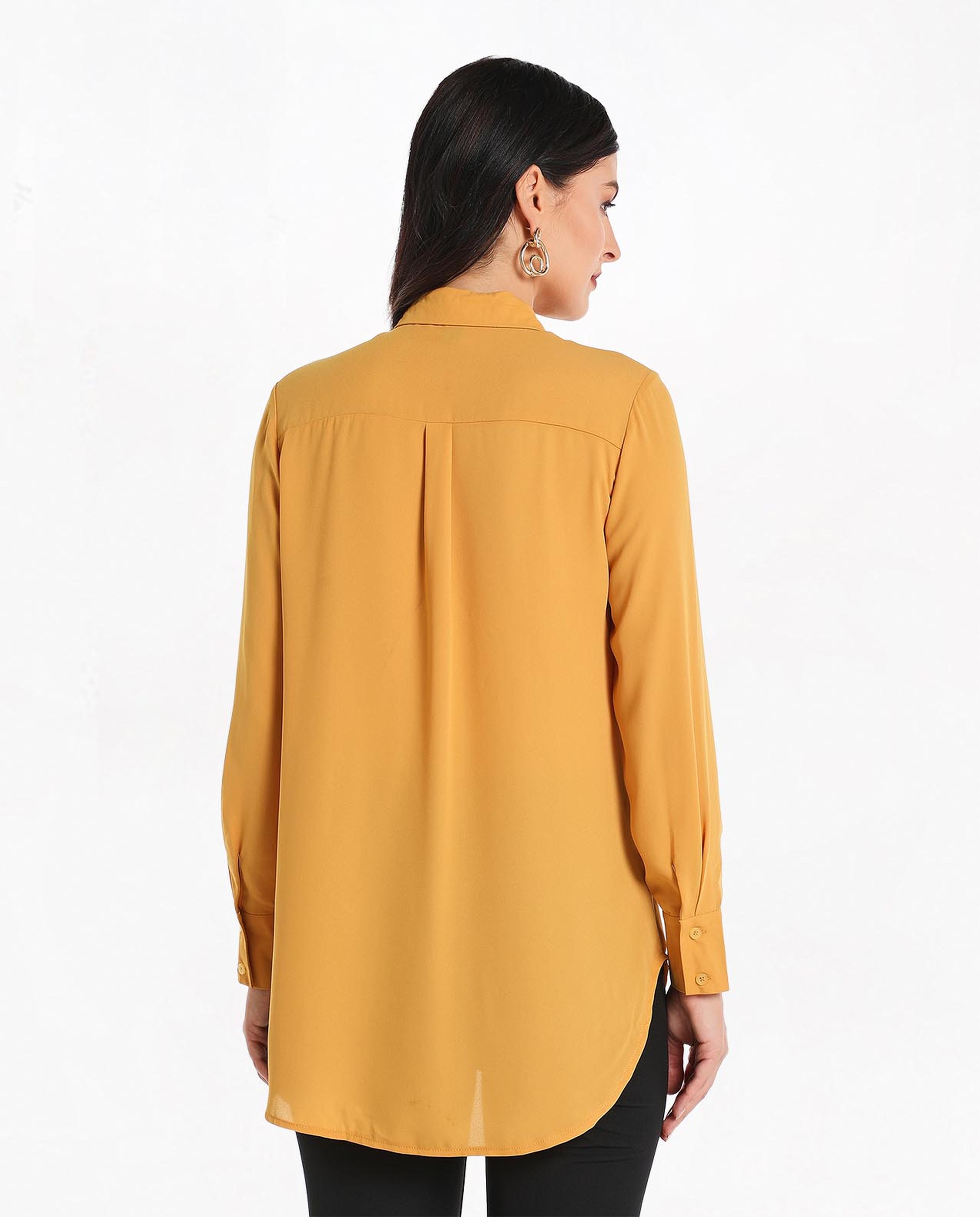 Solid Shirt Style High Low Top With Long Sleeves And Classic Collar