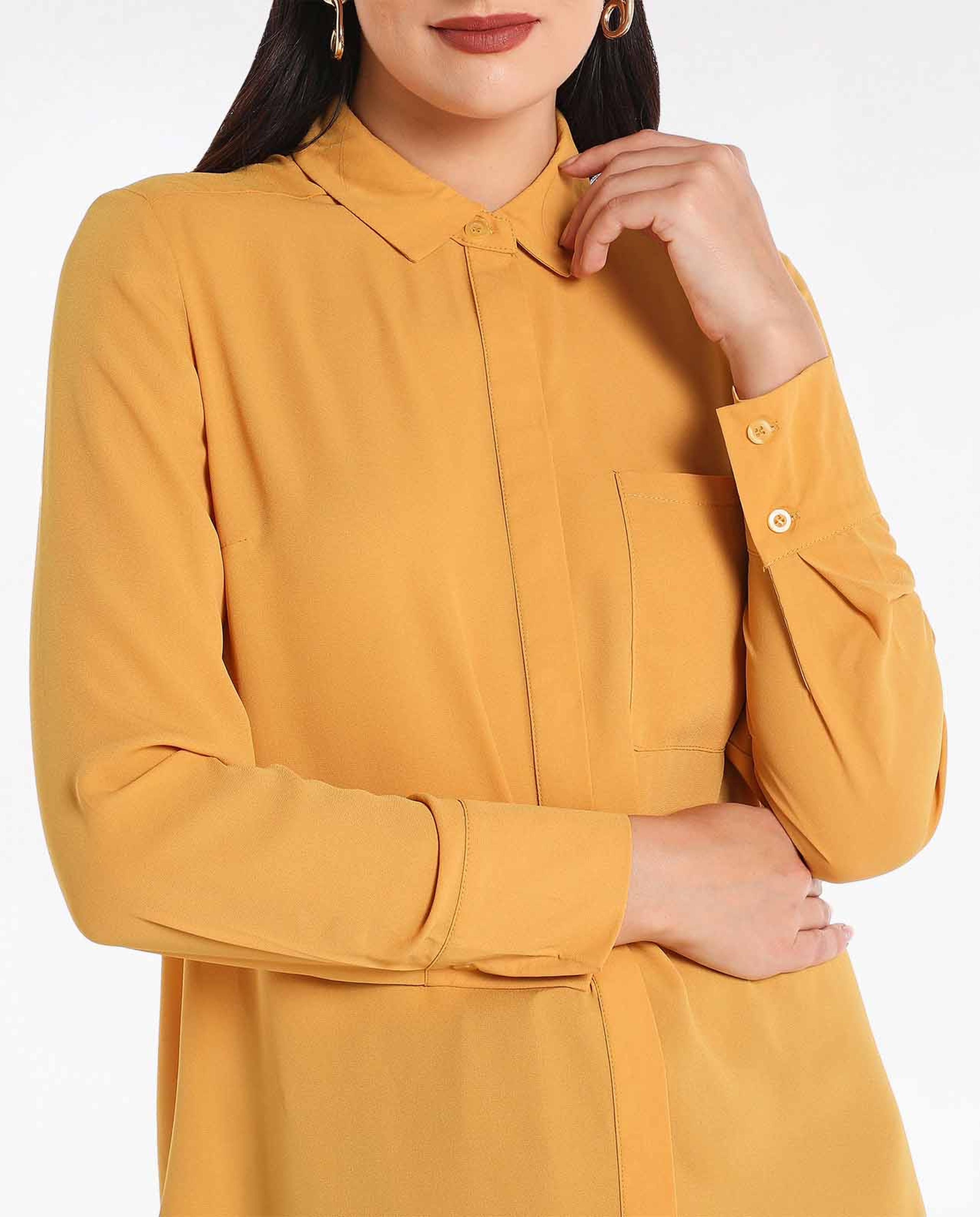 Solid Shirt Style High Low Top With Long Sleeves And Classic Collar