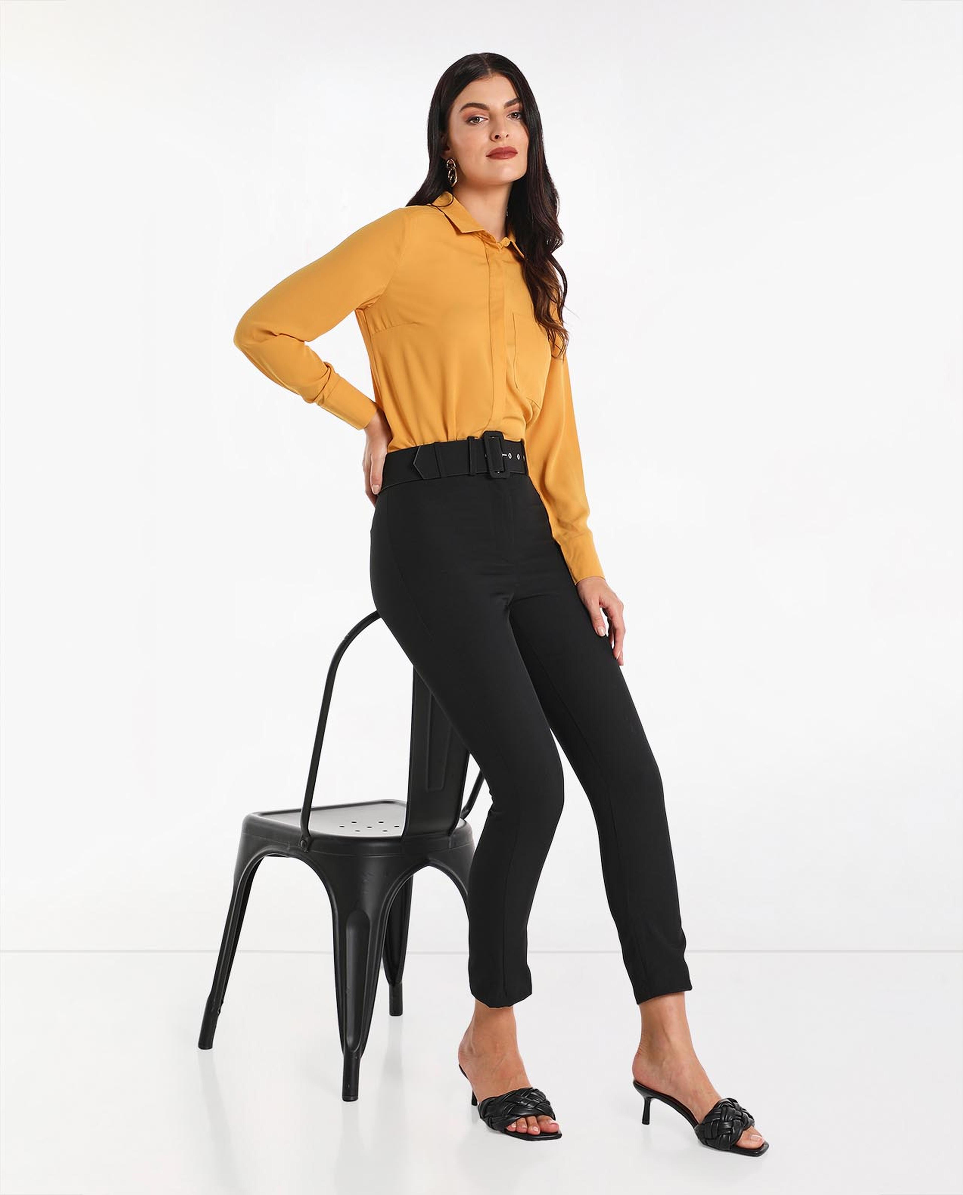 Solid Shirt Style High Low Top With Long Sleeves And Classic Collar