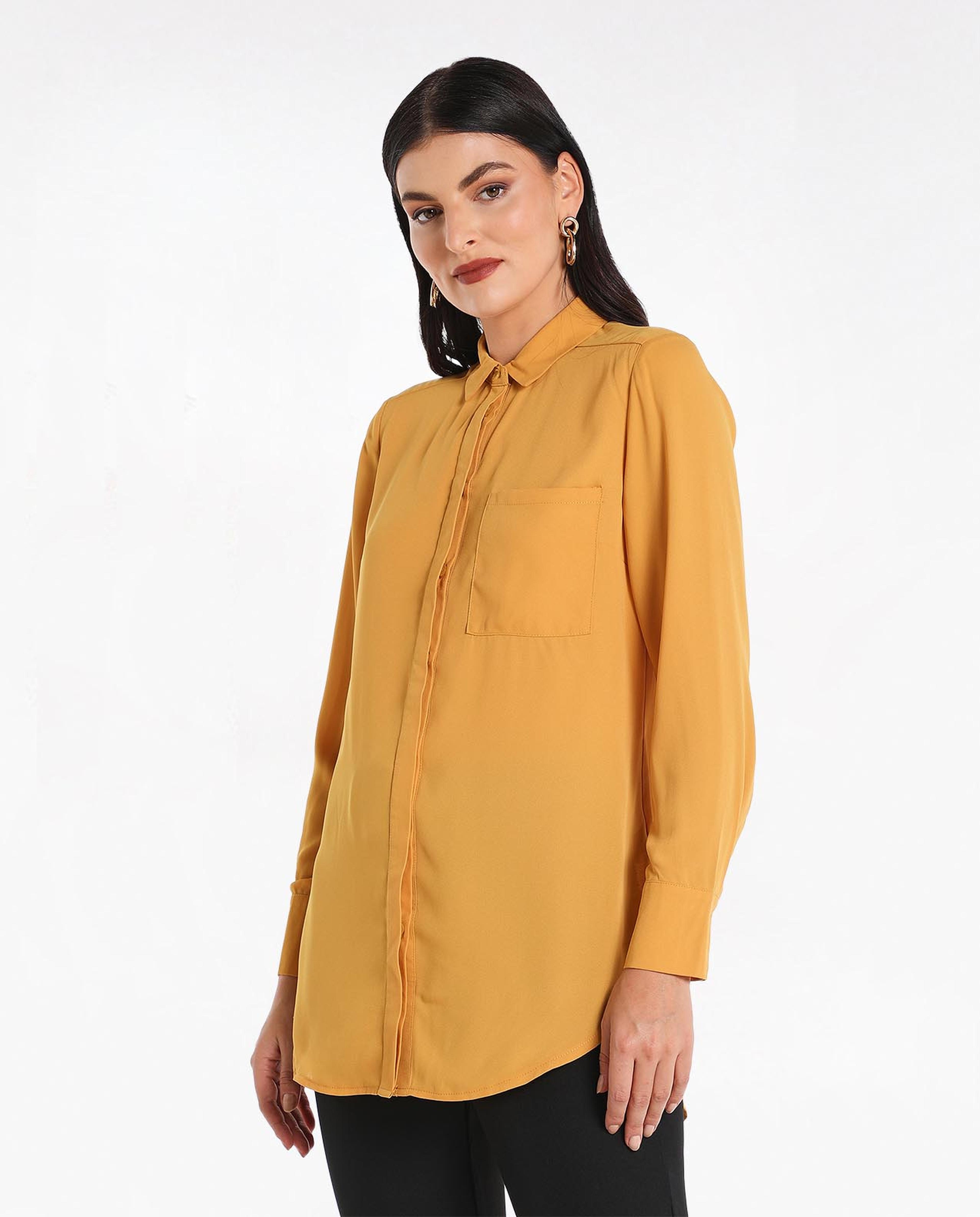 Solid Shirt Style High Low Top With Long Sleeves And Classic Collar