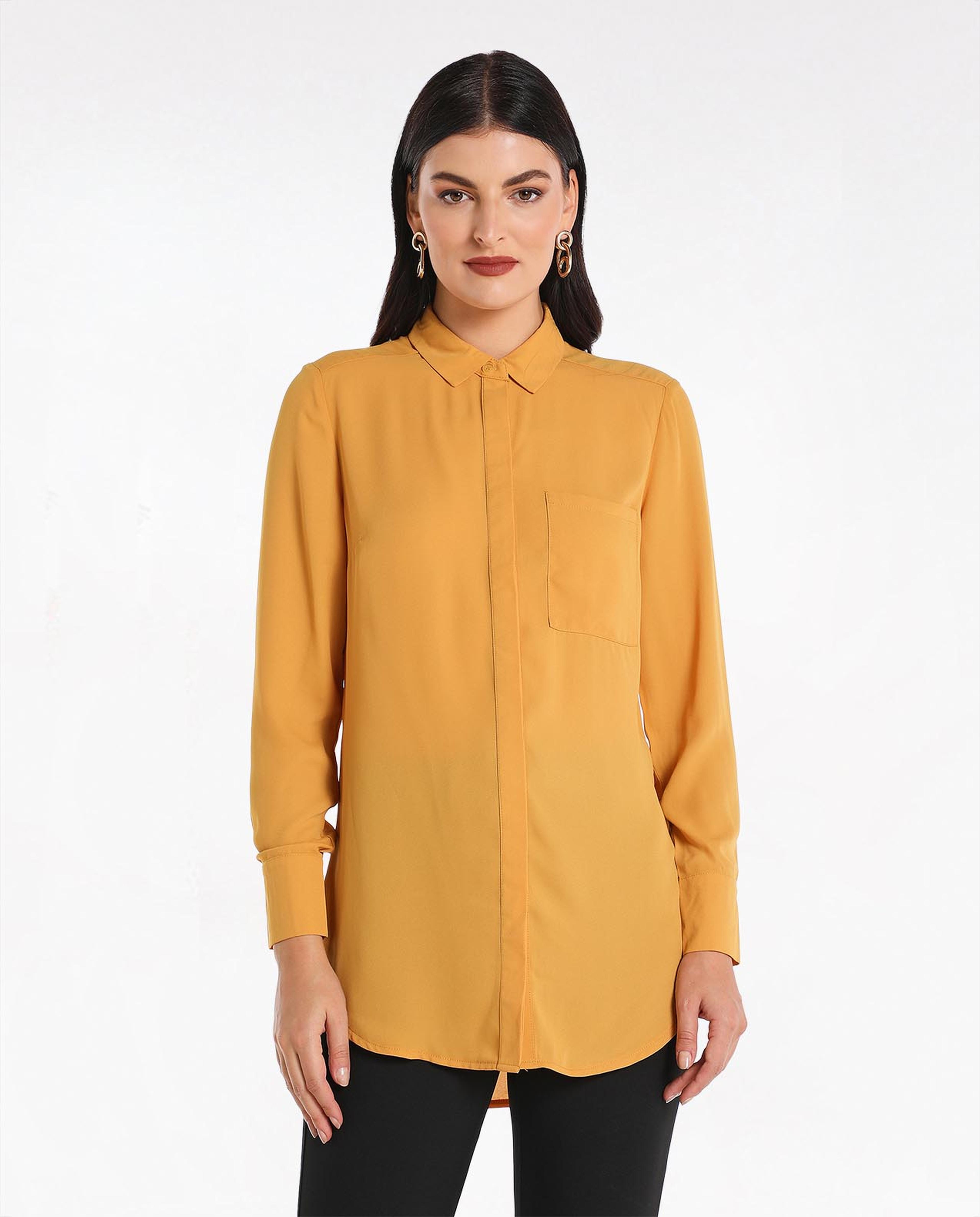 Solid Shirt Style High Low Top With Long Sleeves And Classic Collar