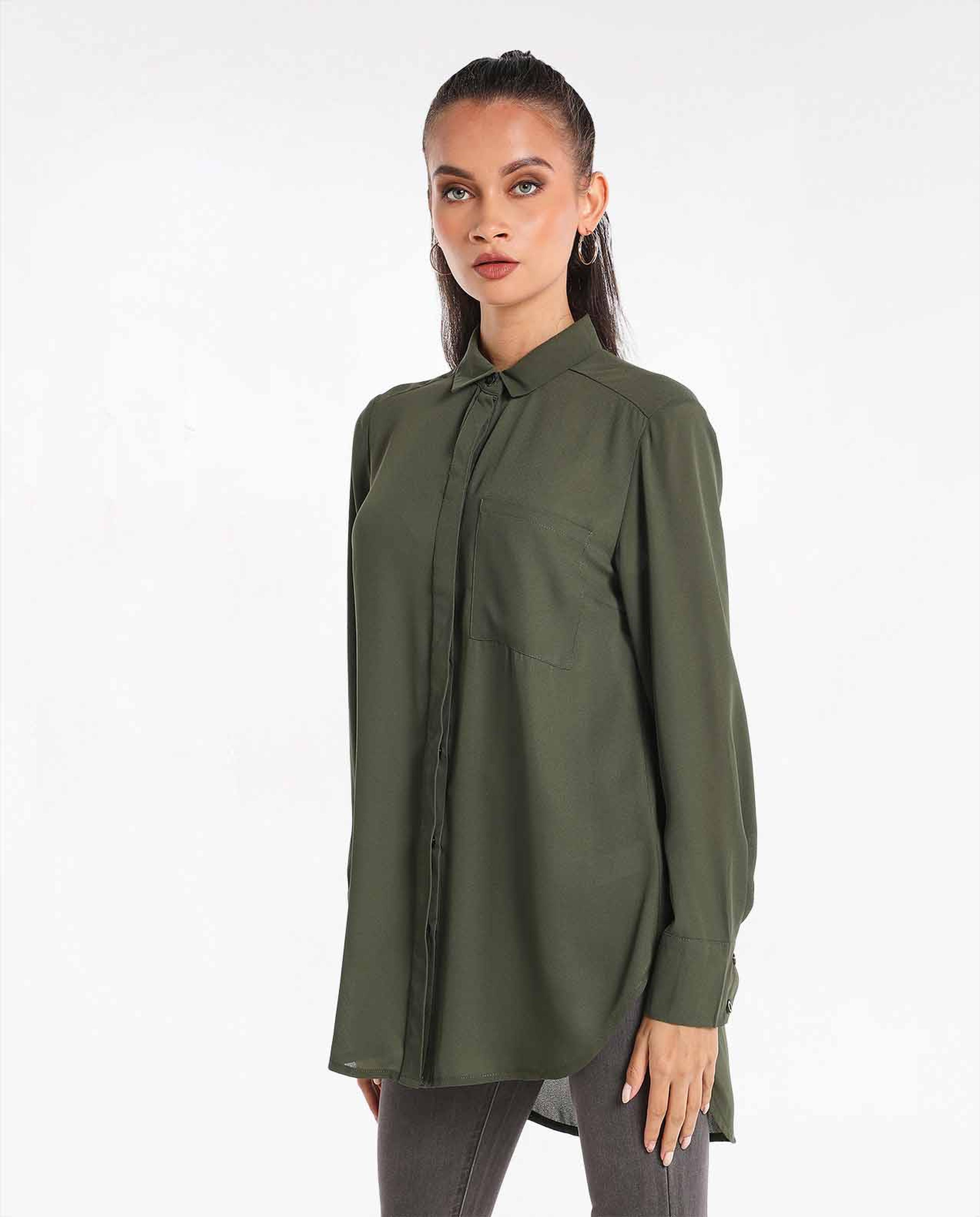 Solid Shirt Style High Low Top With Long Sleeves And Classic Collar