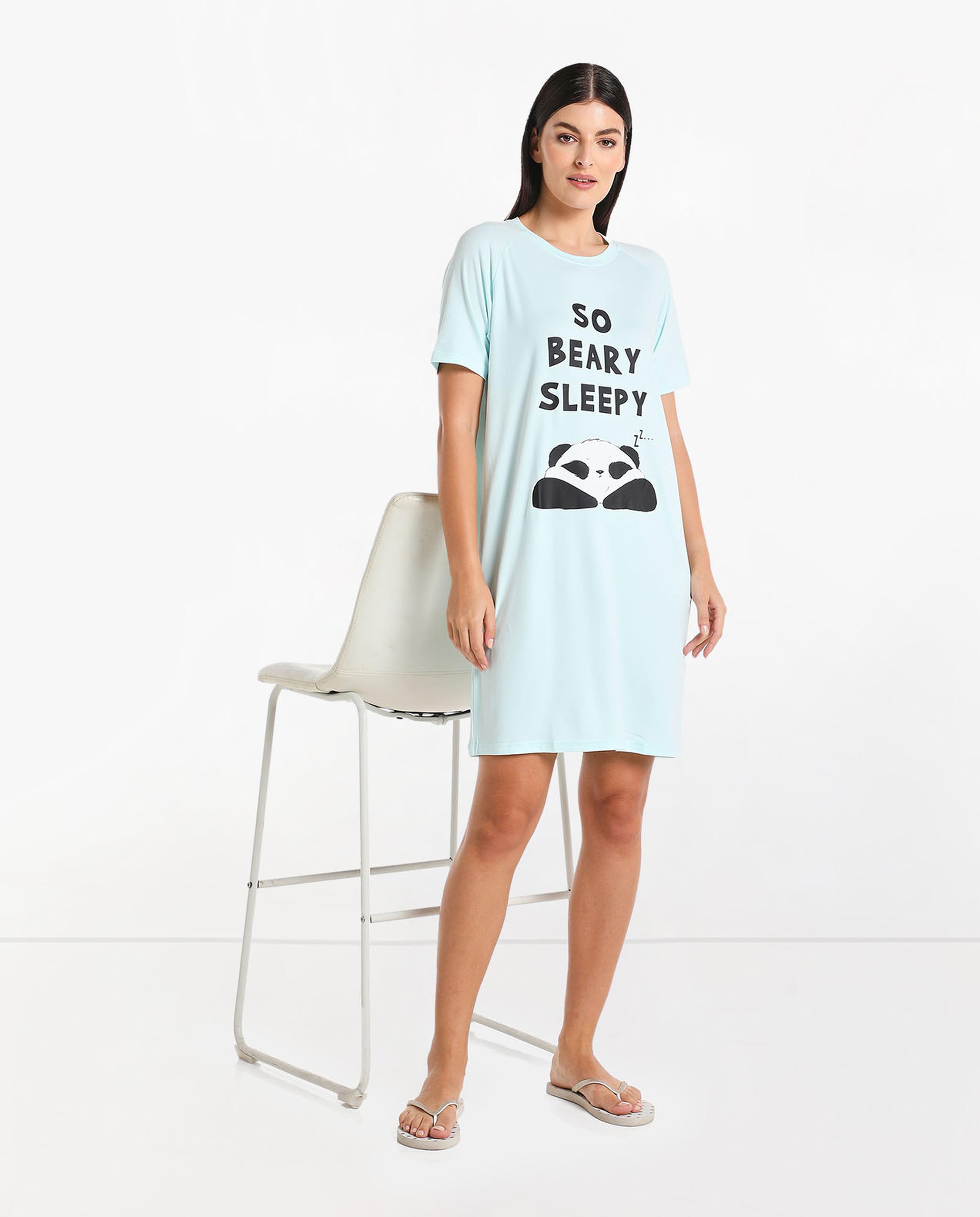 Printed Night Dress with Crew Neck and Short Sleeve