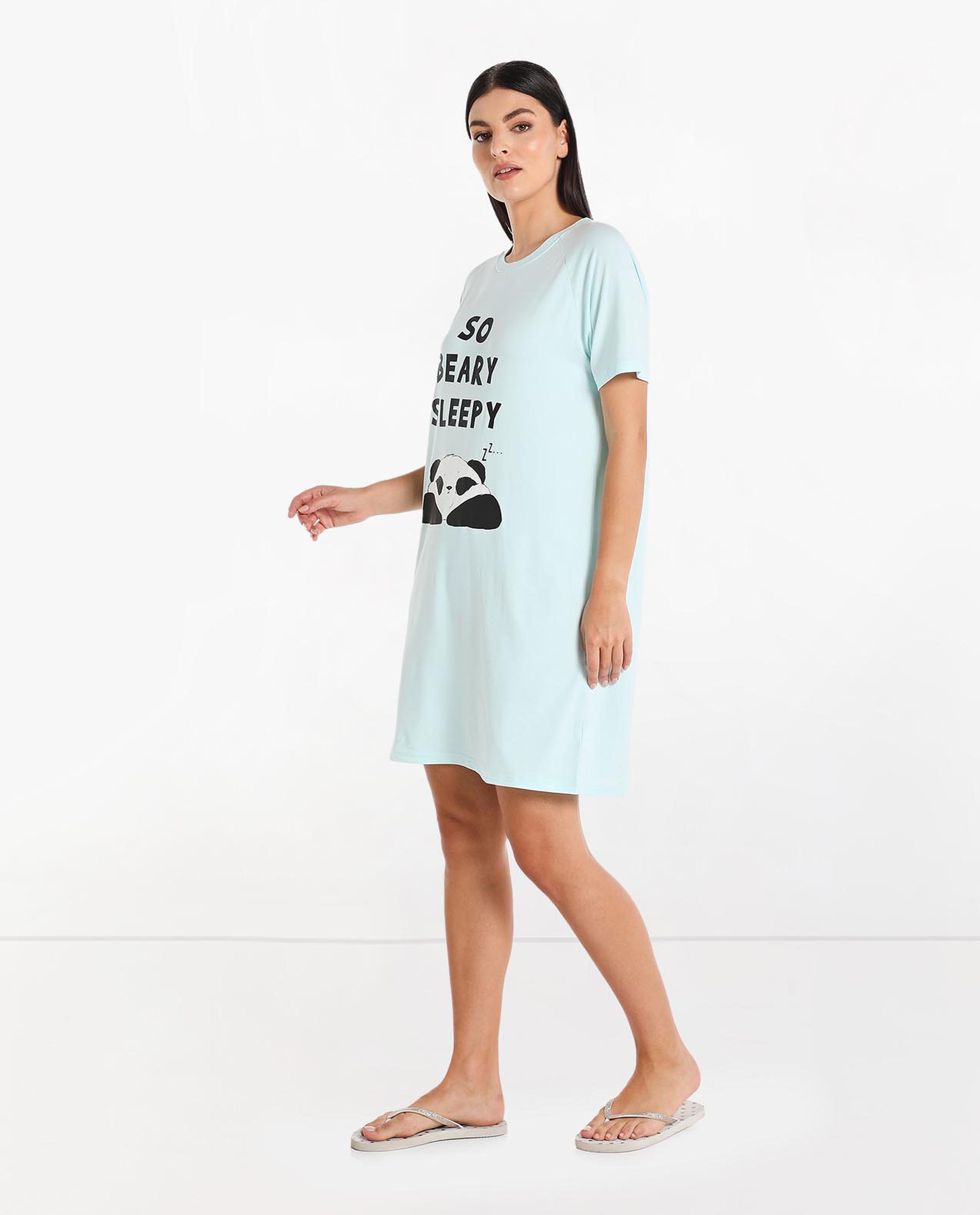Printed Night Dress with Crew Neck and Short Sleeve