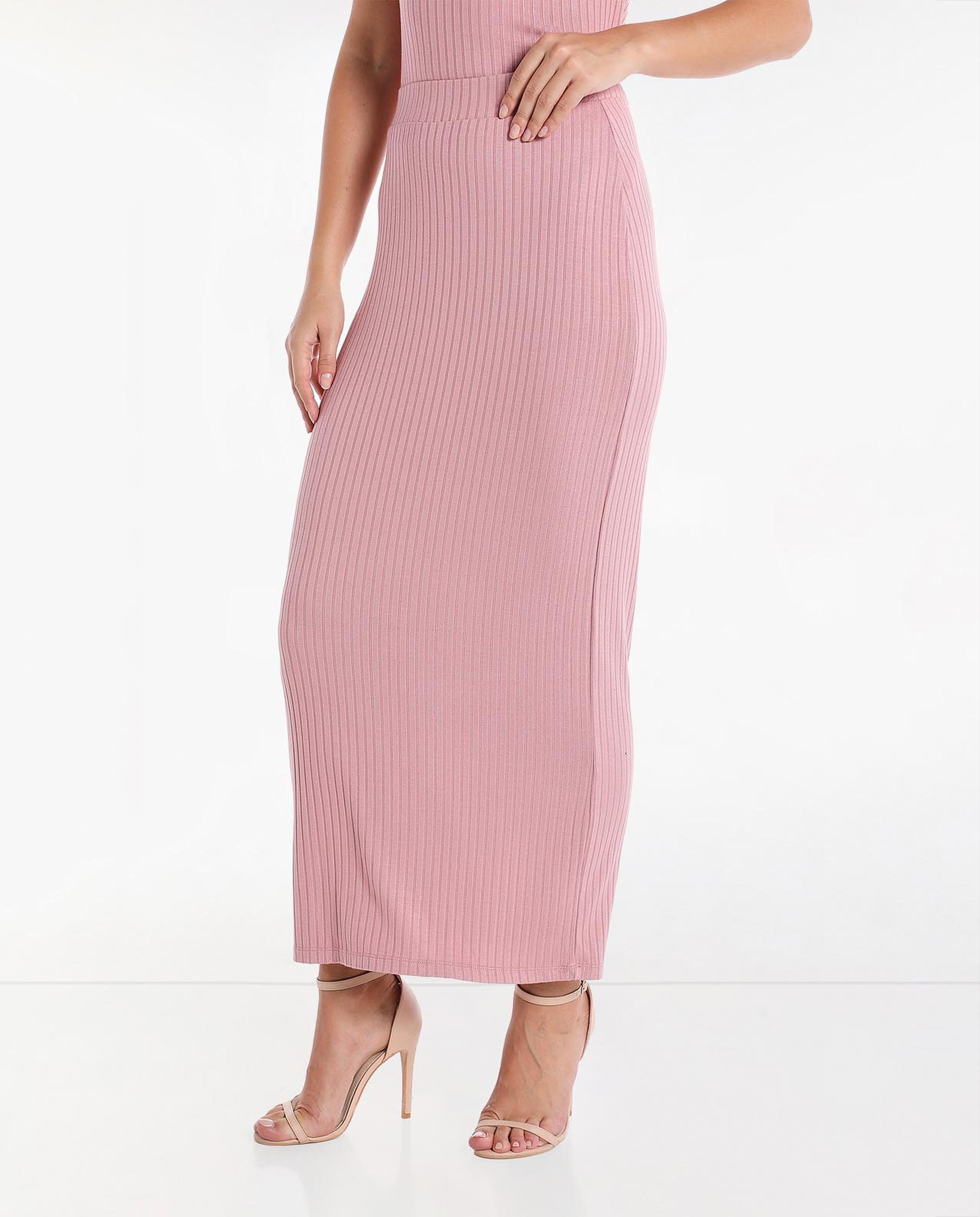 Solid Ribbed Maxi Skirt with Elasticated Waist