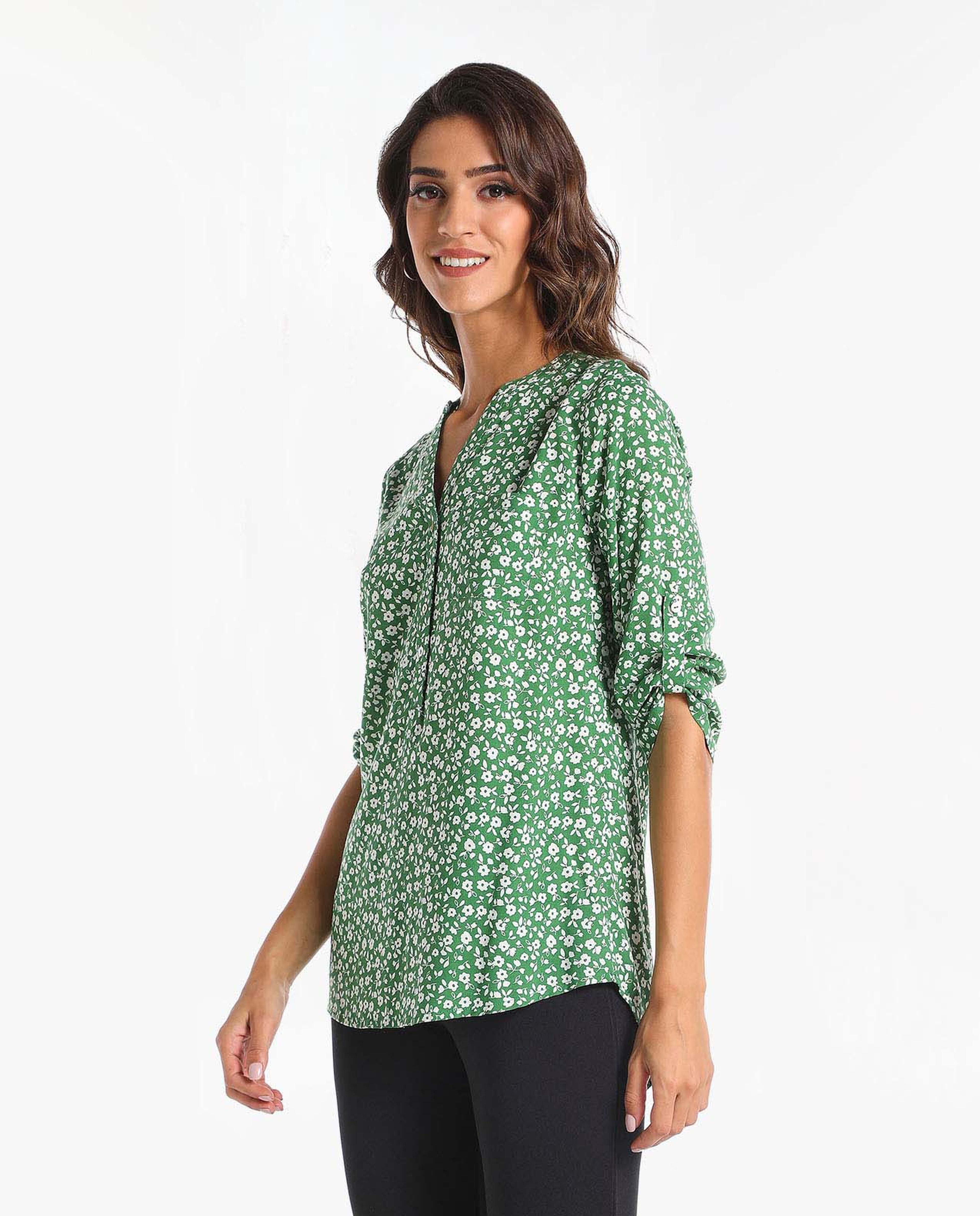 Printed Casual Tunic with Slit Neck and Roll-Up Sleeve