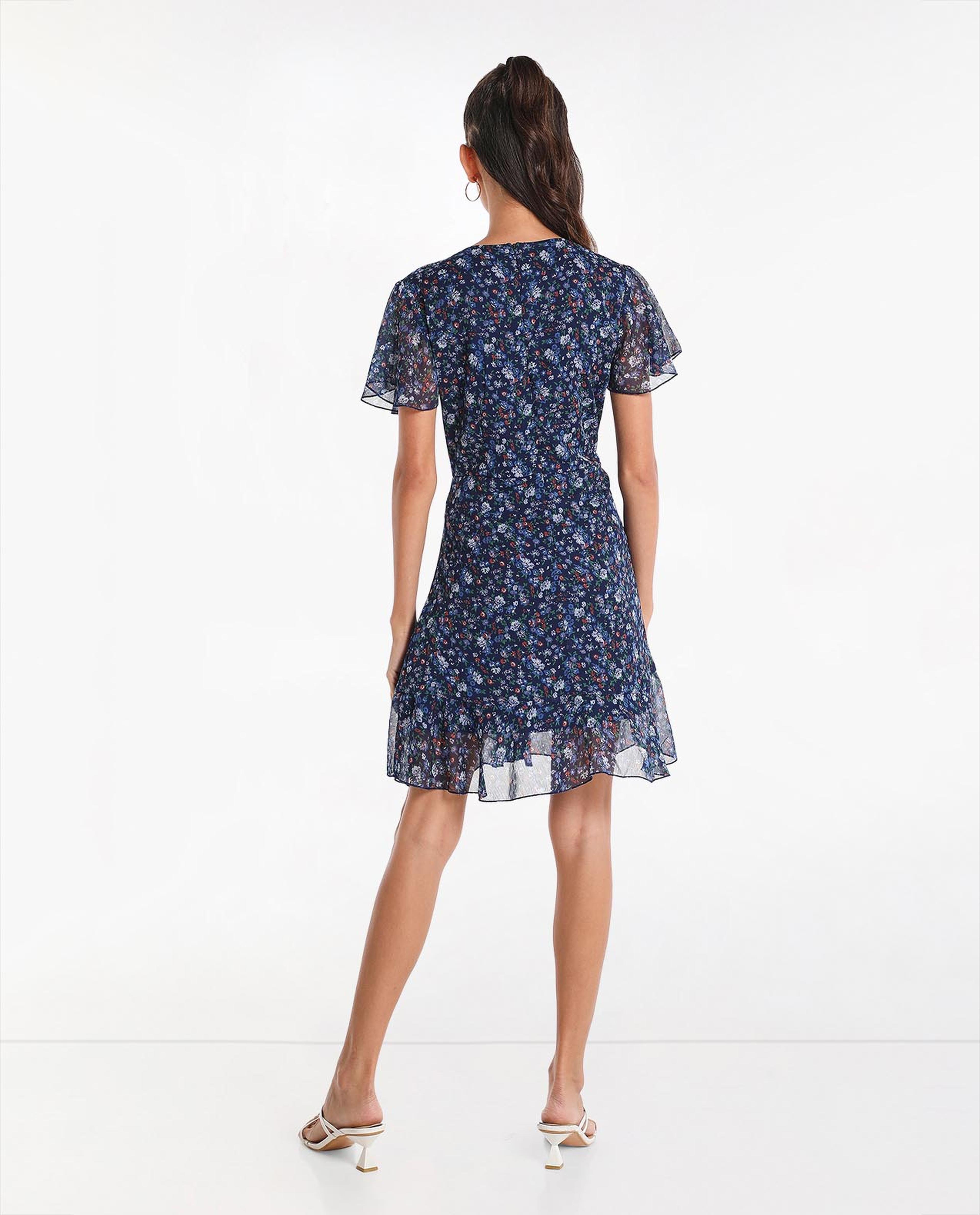 Printed Fit and Flare Mini Dress with V-Neck and Flare Sleeve