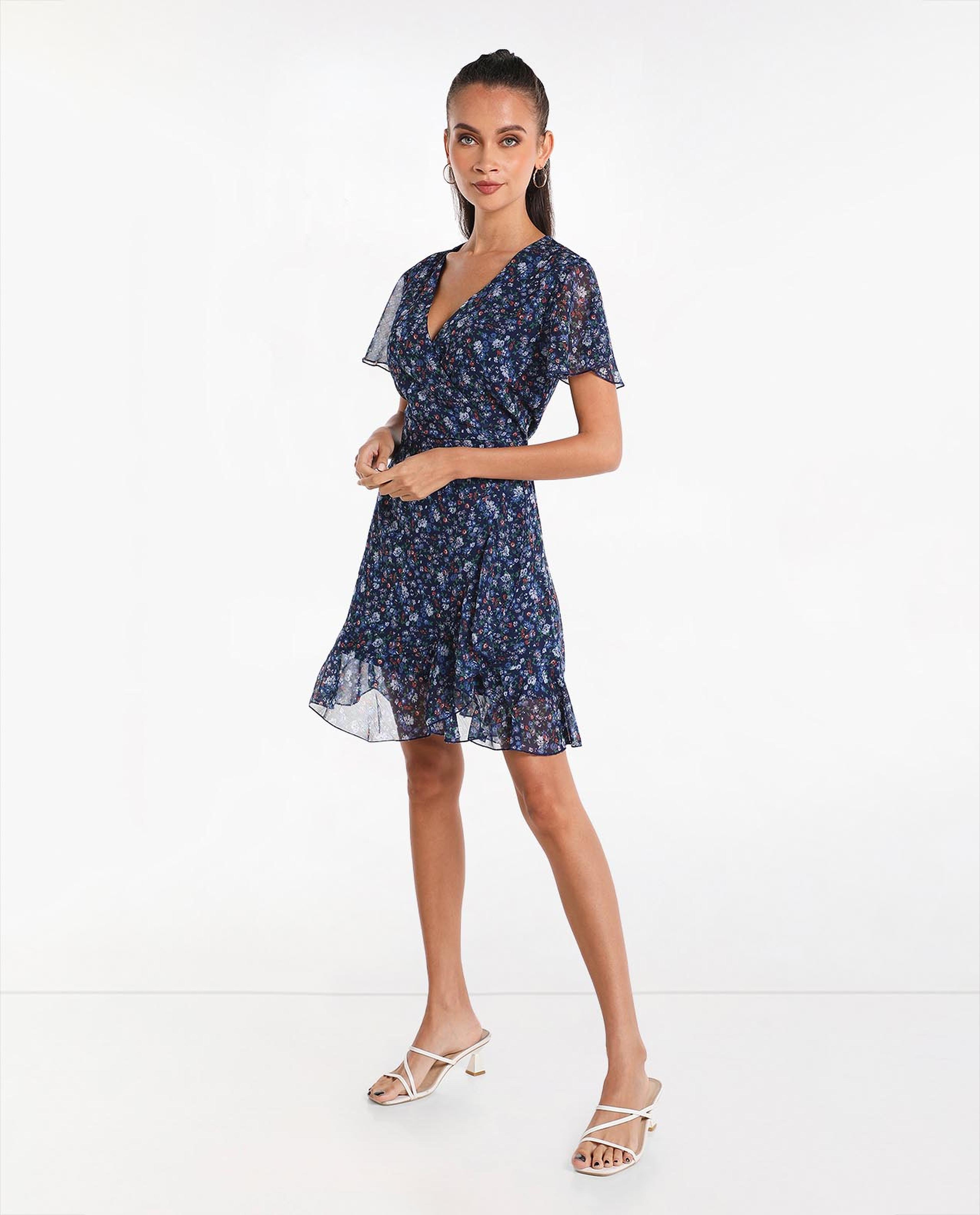 Printed Fit and Flare Mini Dress with V-Neck and Flare Sleeve