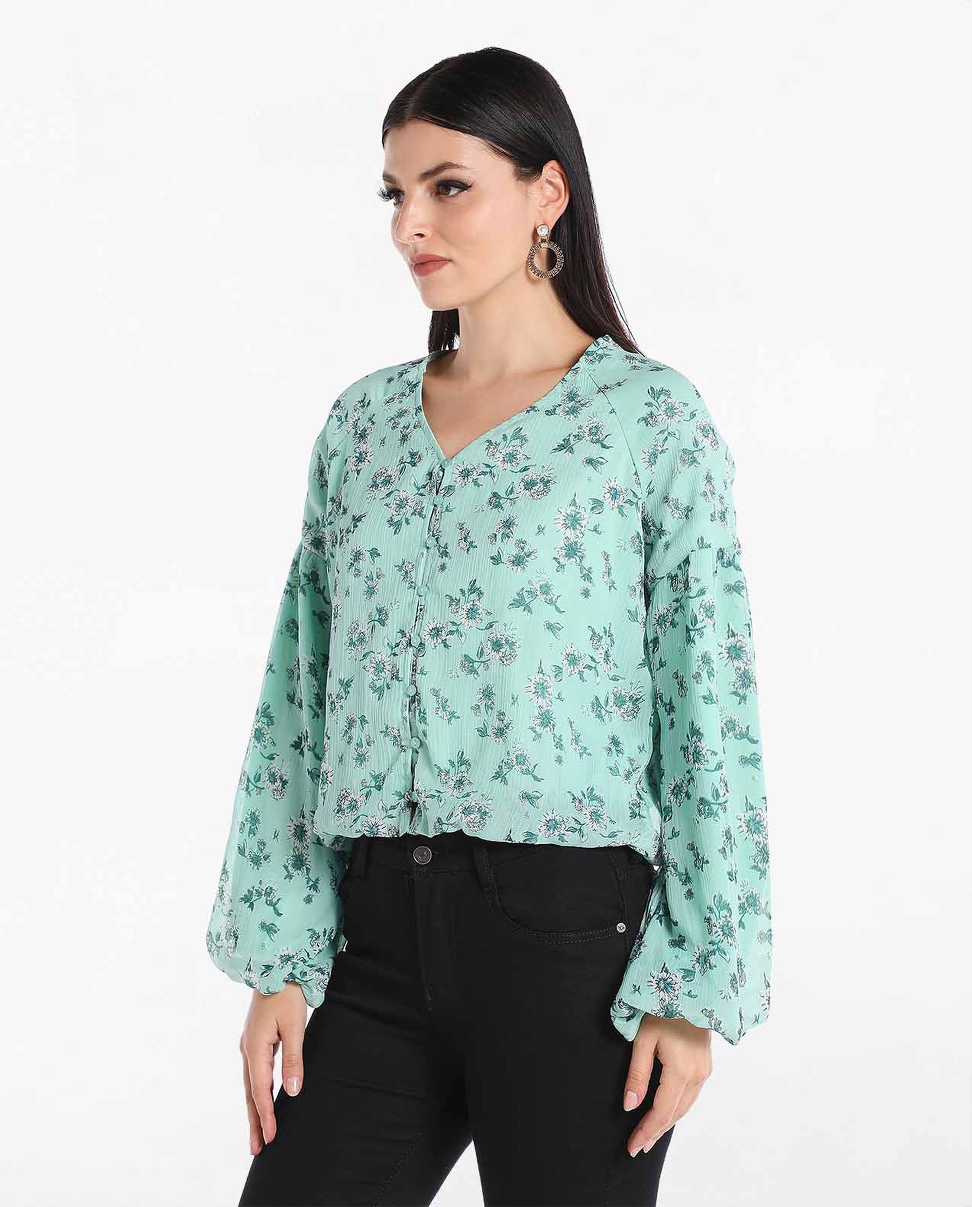 Printed Casual Top with V-Neck and Lantern Sleeve