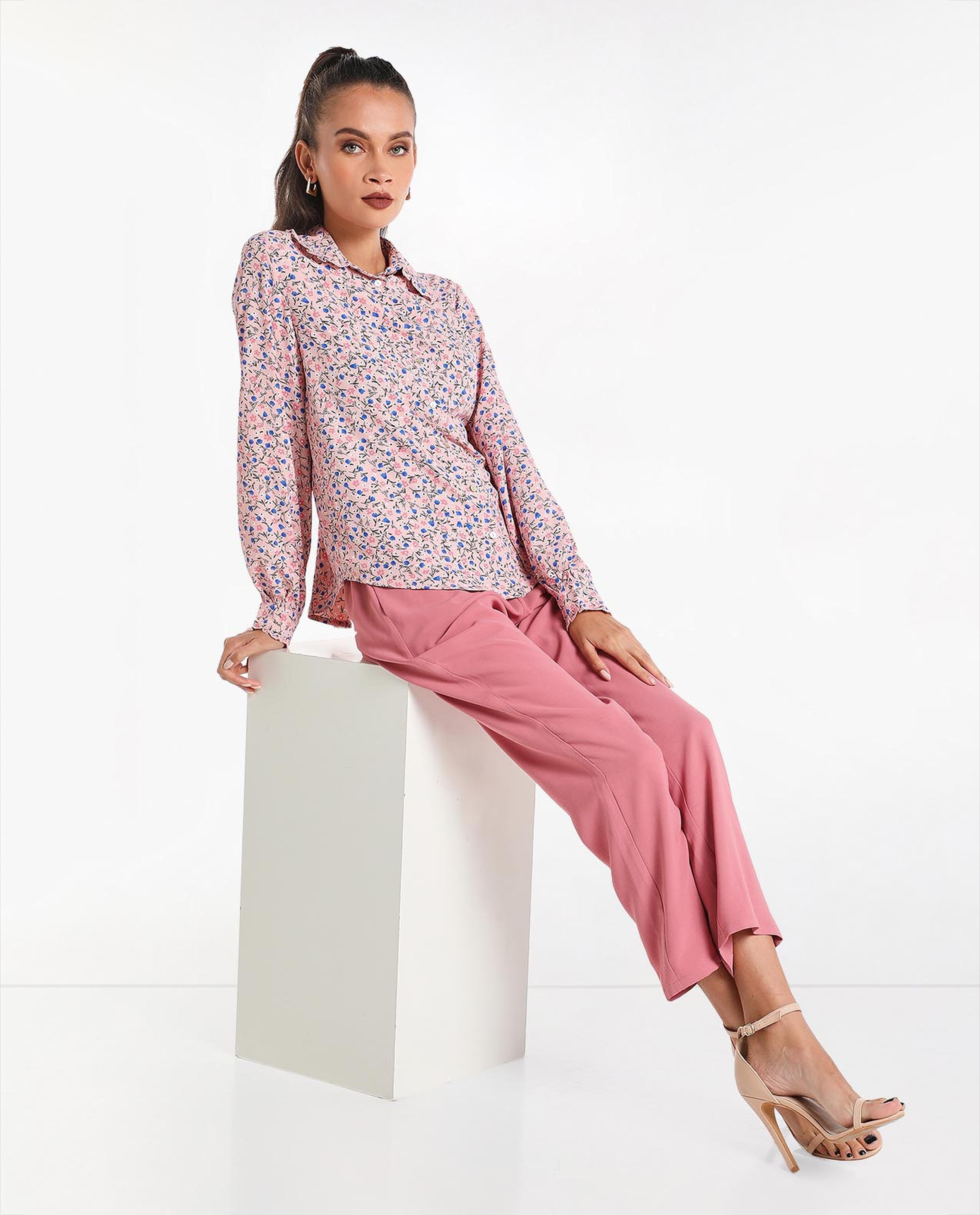 Printed Casual Top with Stand Collar and Long Sleeve