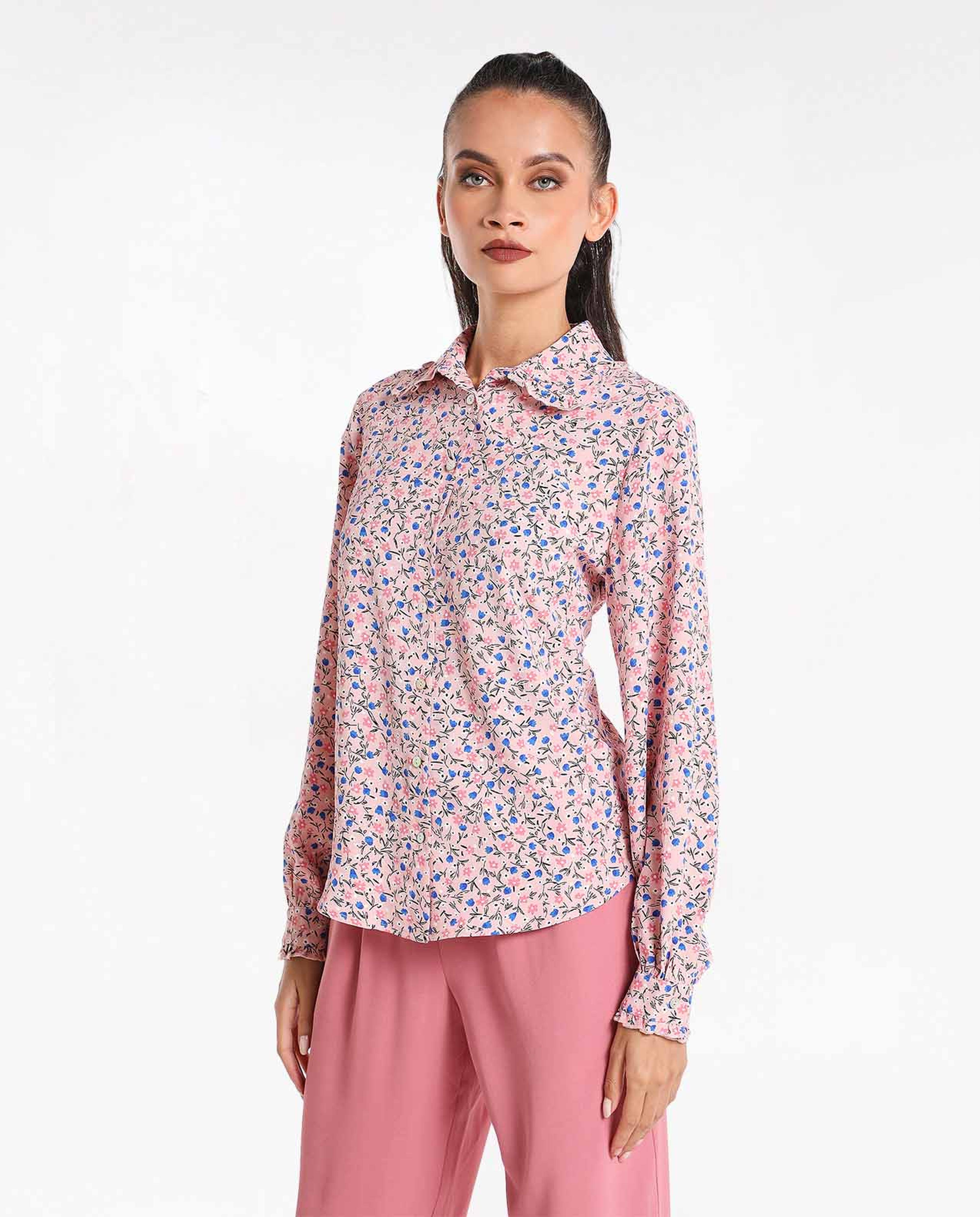 Printed Casual Top with Stand Collar and Long Sleeve