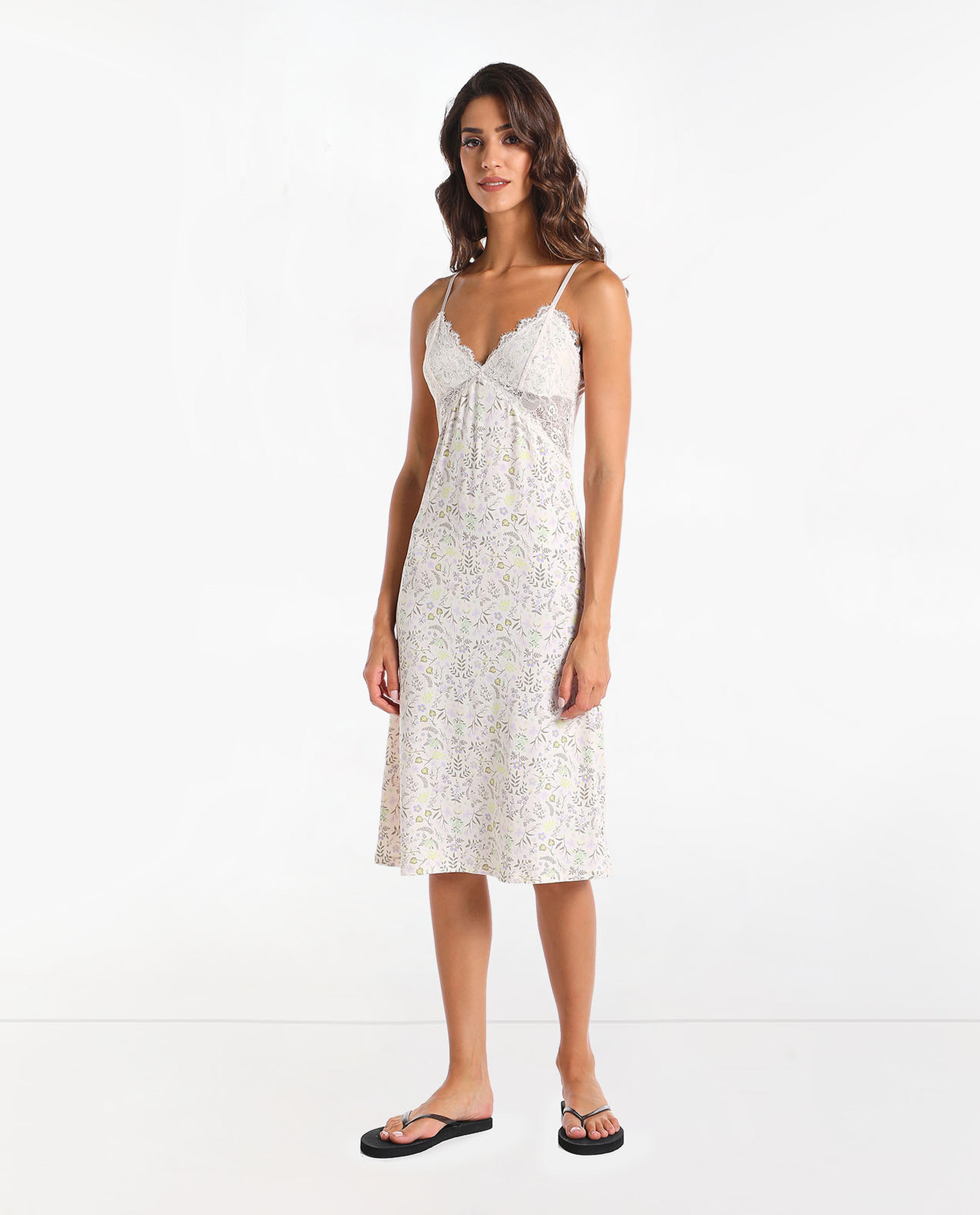 Printed Midi Cami Night Gown with V-Neck