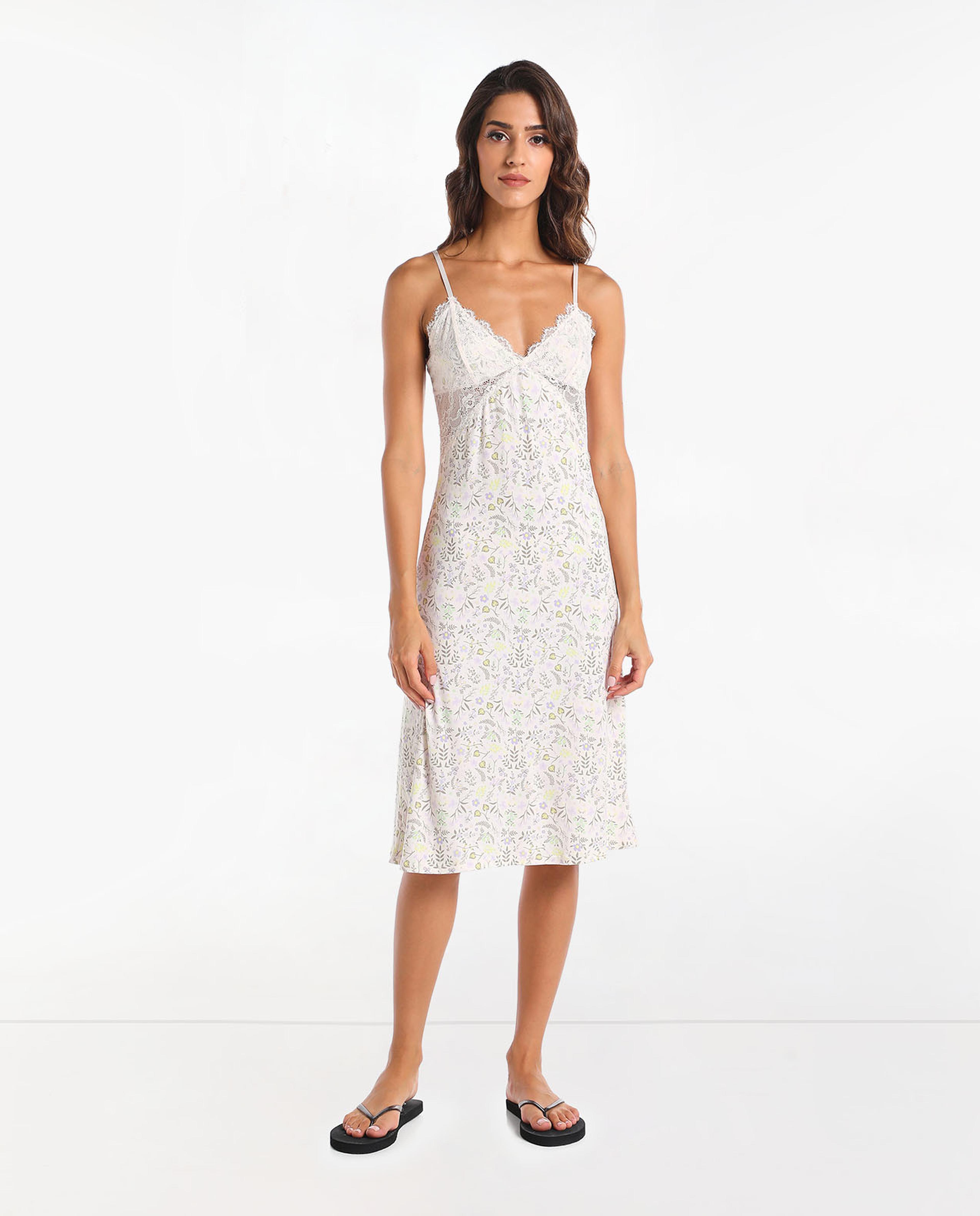 Printed Midi Cami Night Gown with V-Neck