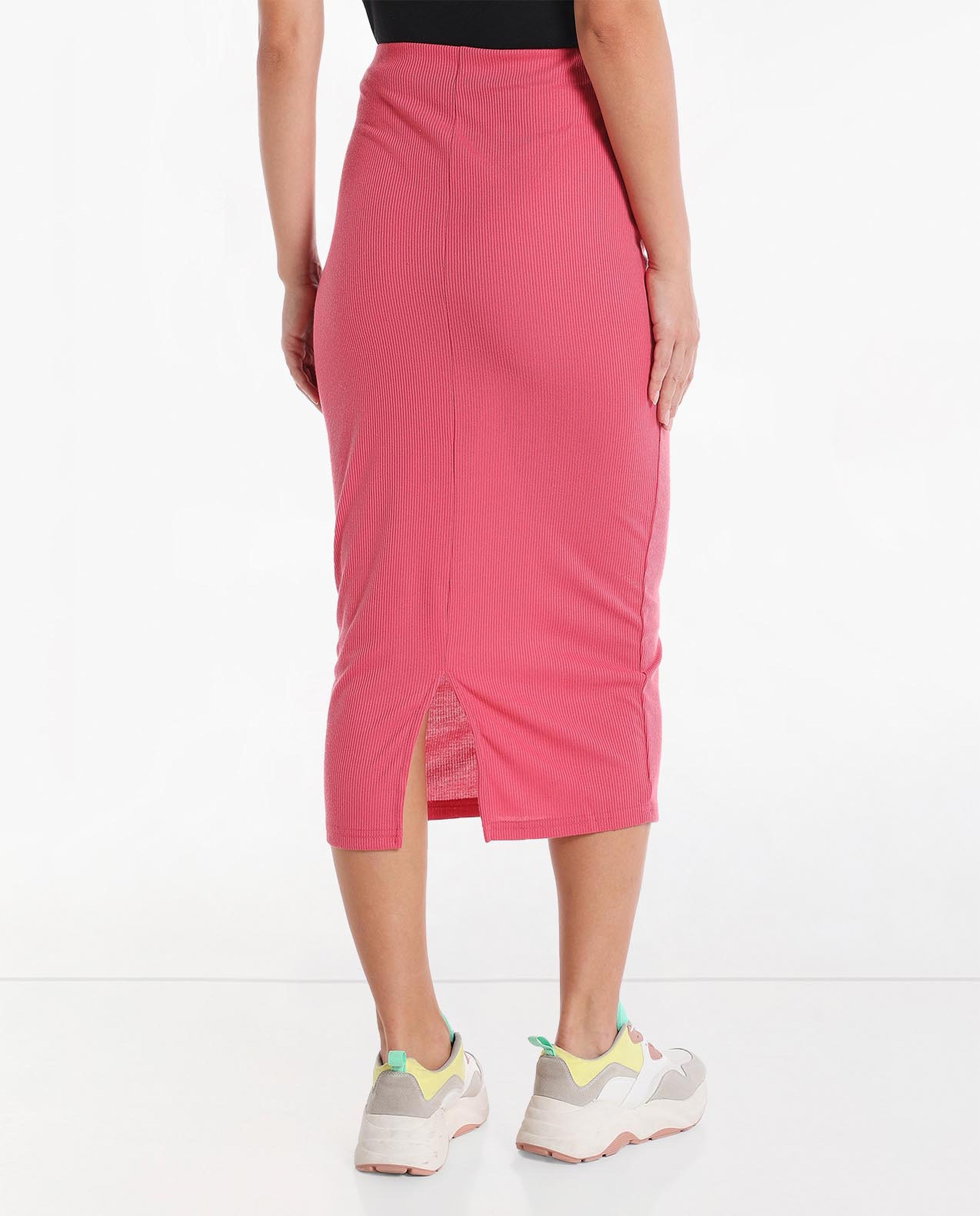 Solid Ribbed Midi Skirt with Elasticated Waist