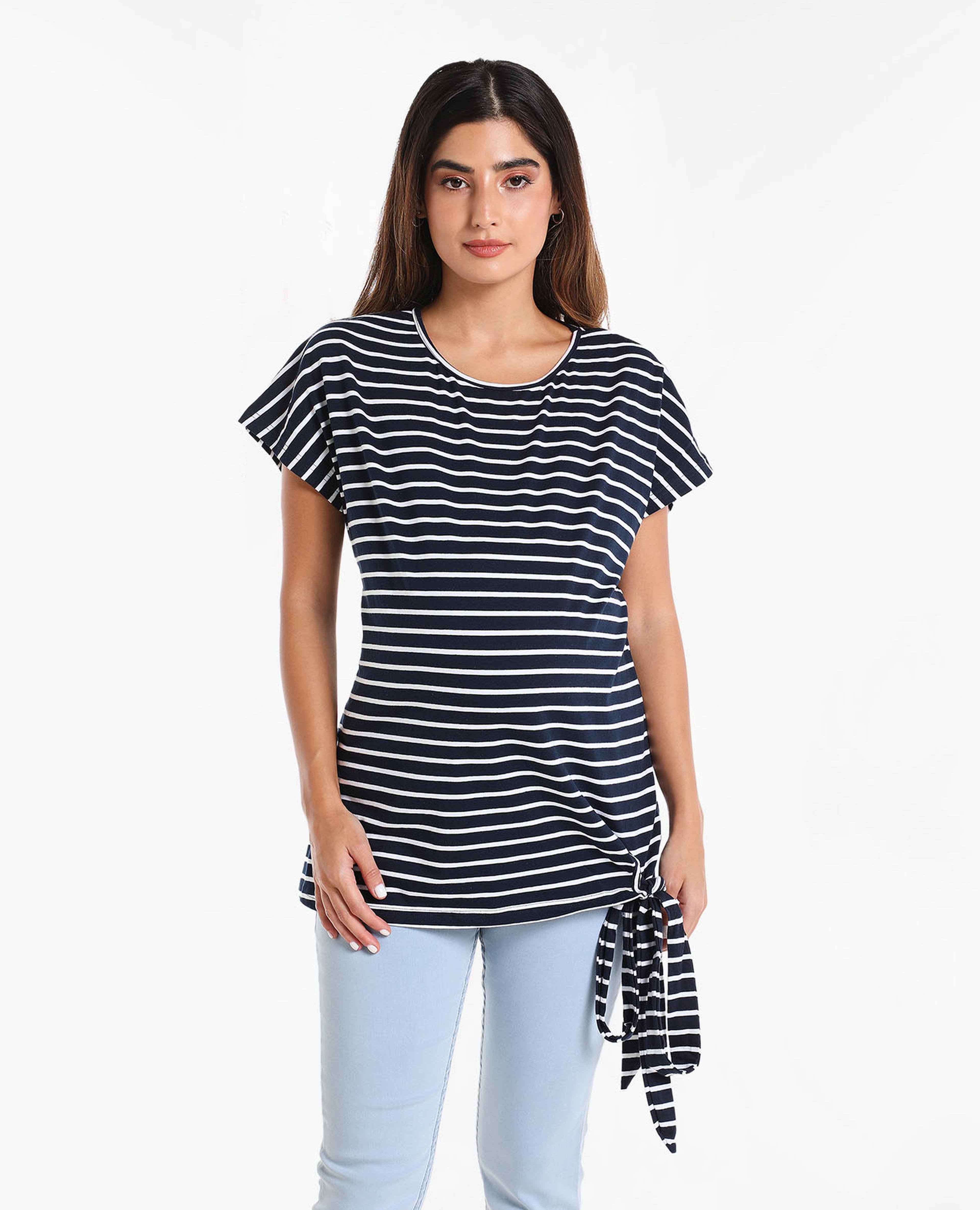 Striped Maternity Top with Round Neck and Short Sleeves