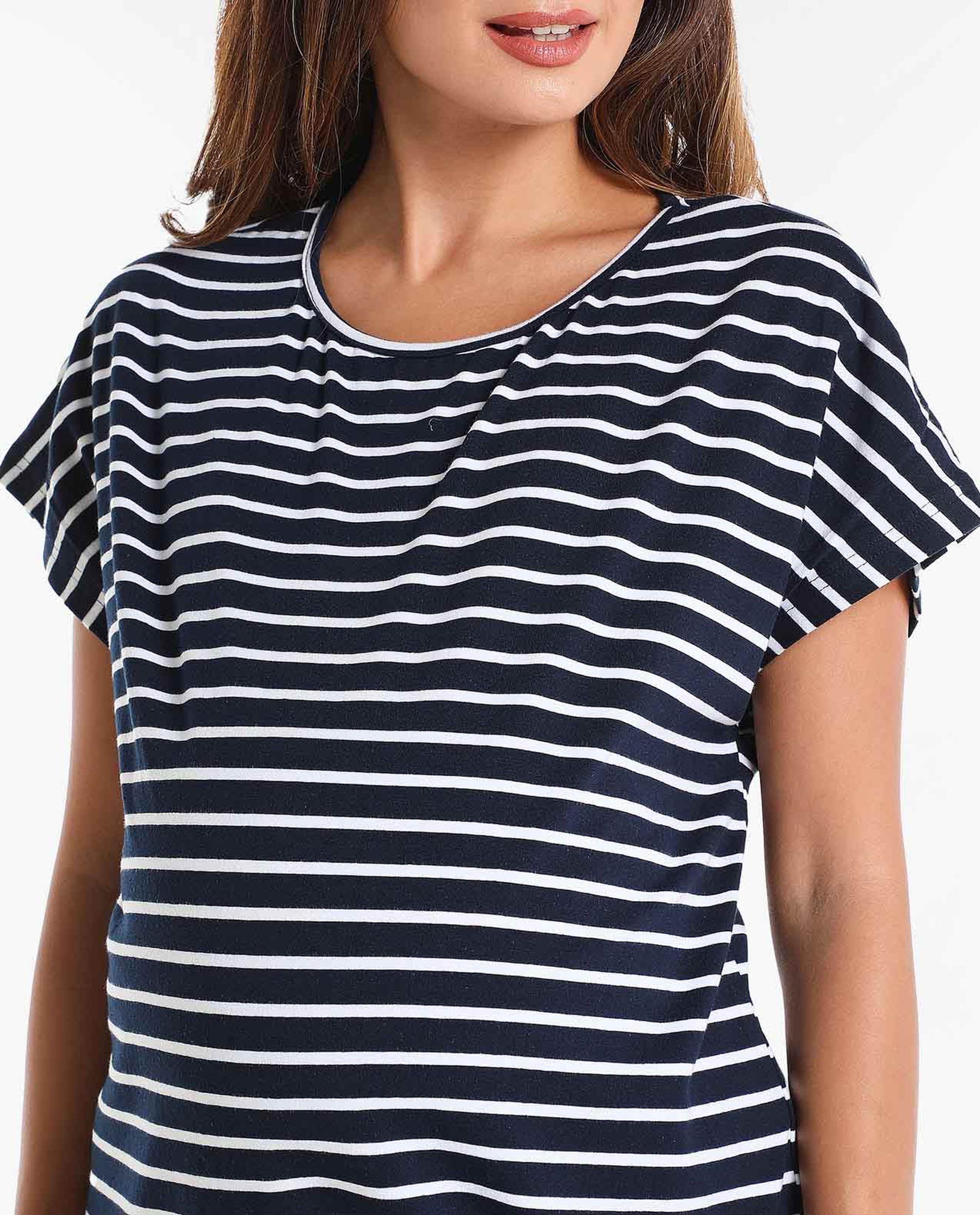 Striped Maternity Top with Round Neck and Short Sleeves