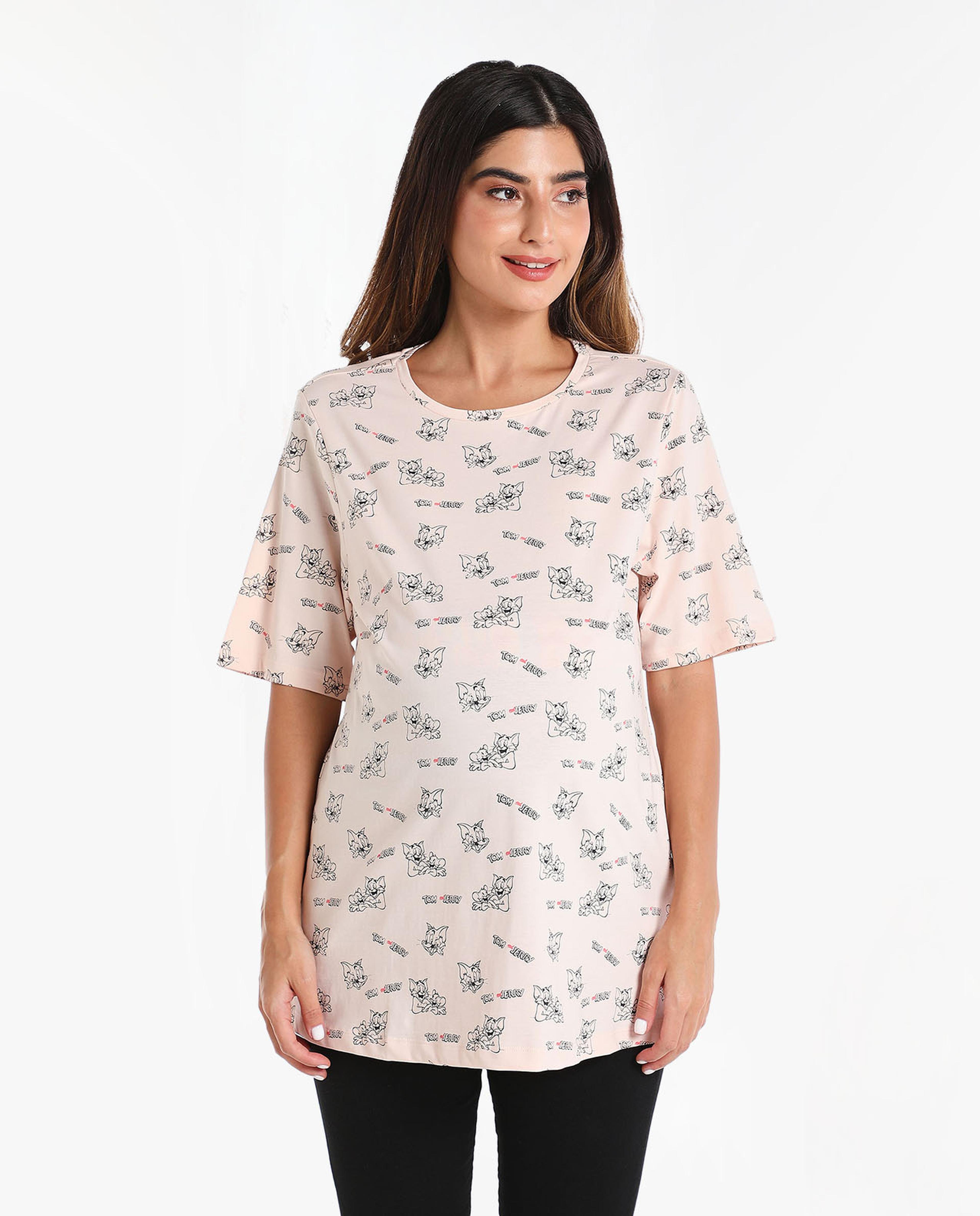 Printed Maternity Top with Round Neck and Short Sleeves