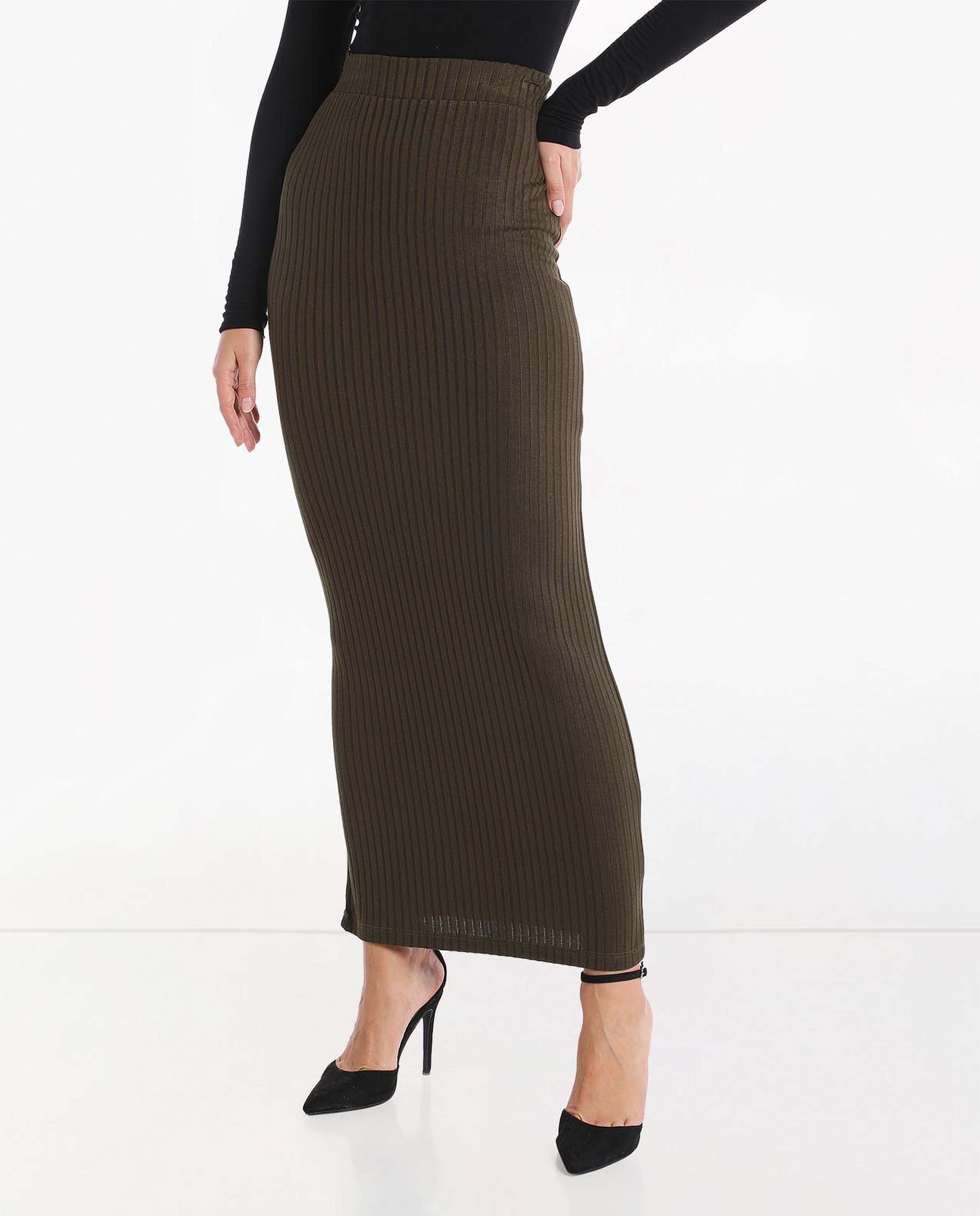 Solid Ribbed Maxi Skirt with Elasticated Waist