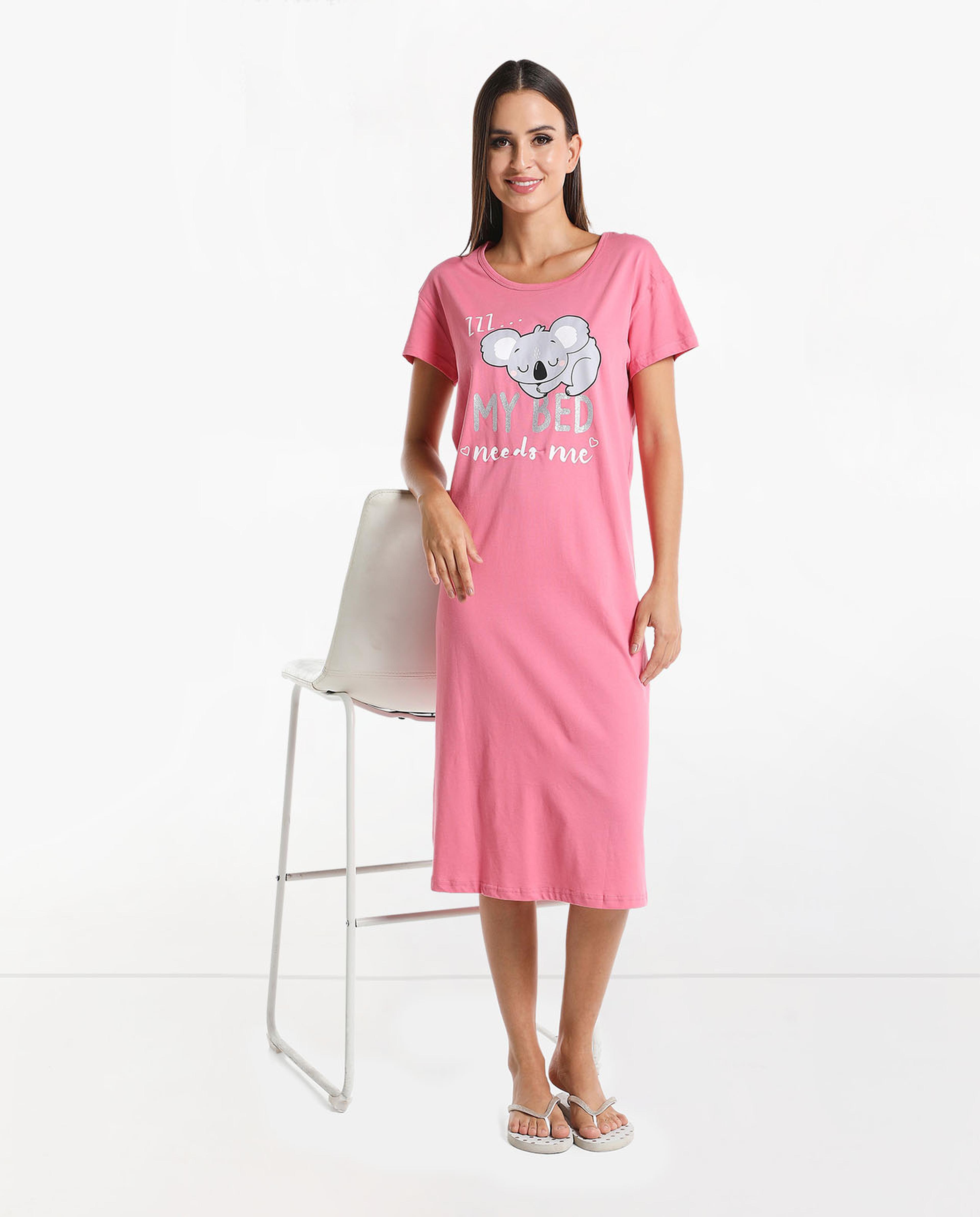 Graphic Printed Sleep T-Shirt with Round Neck and Short Sleeves