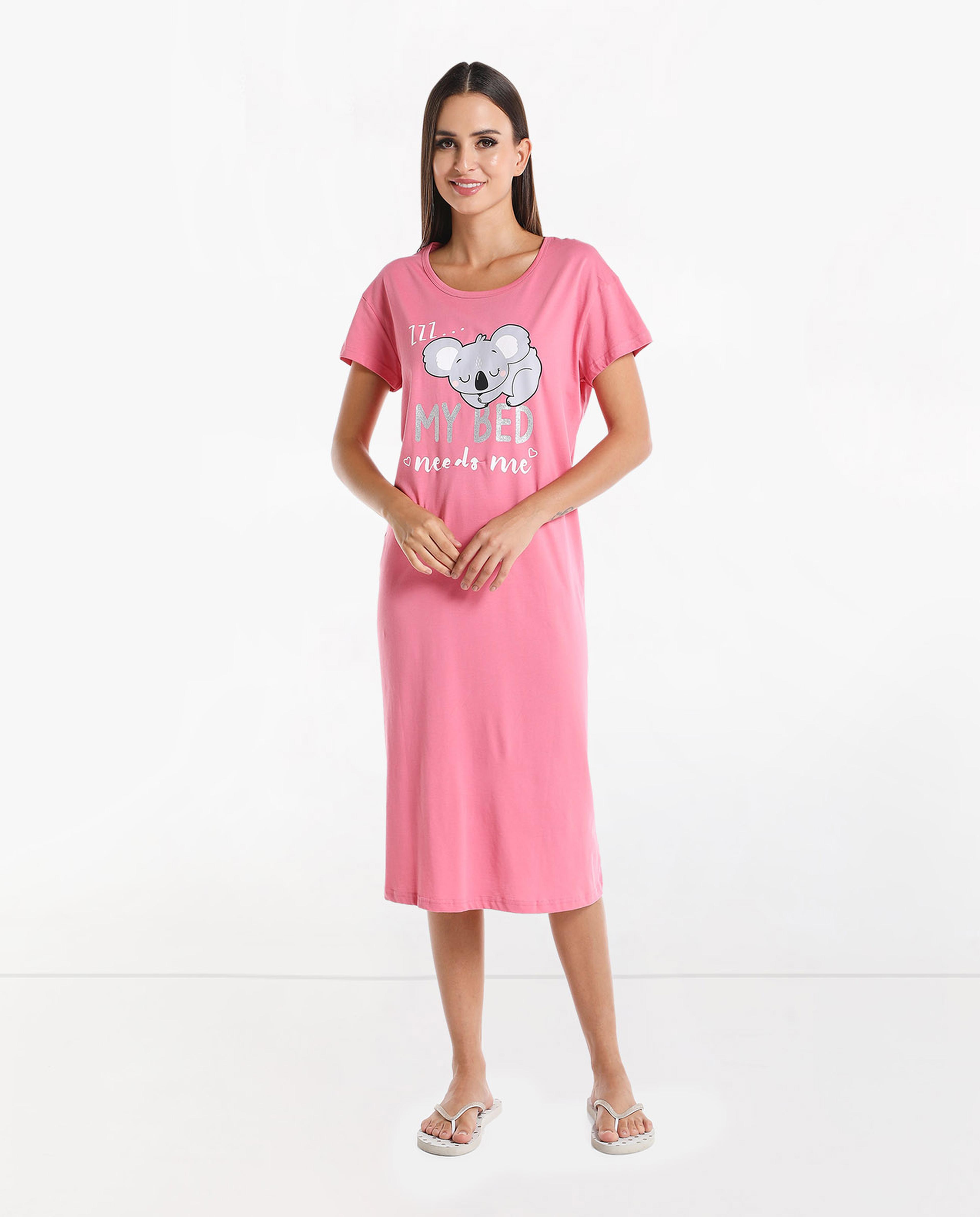 Graphic Printed Sleep T-Shirt with Round Neck and Short Sleeves