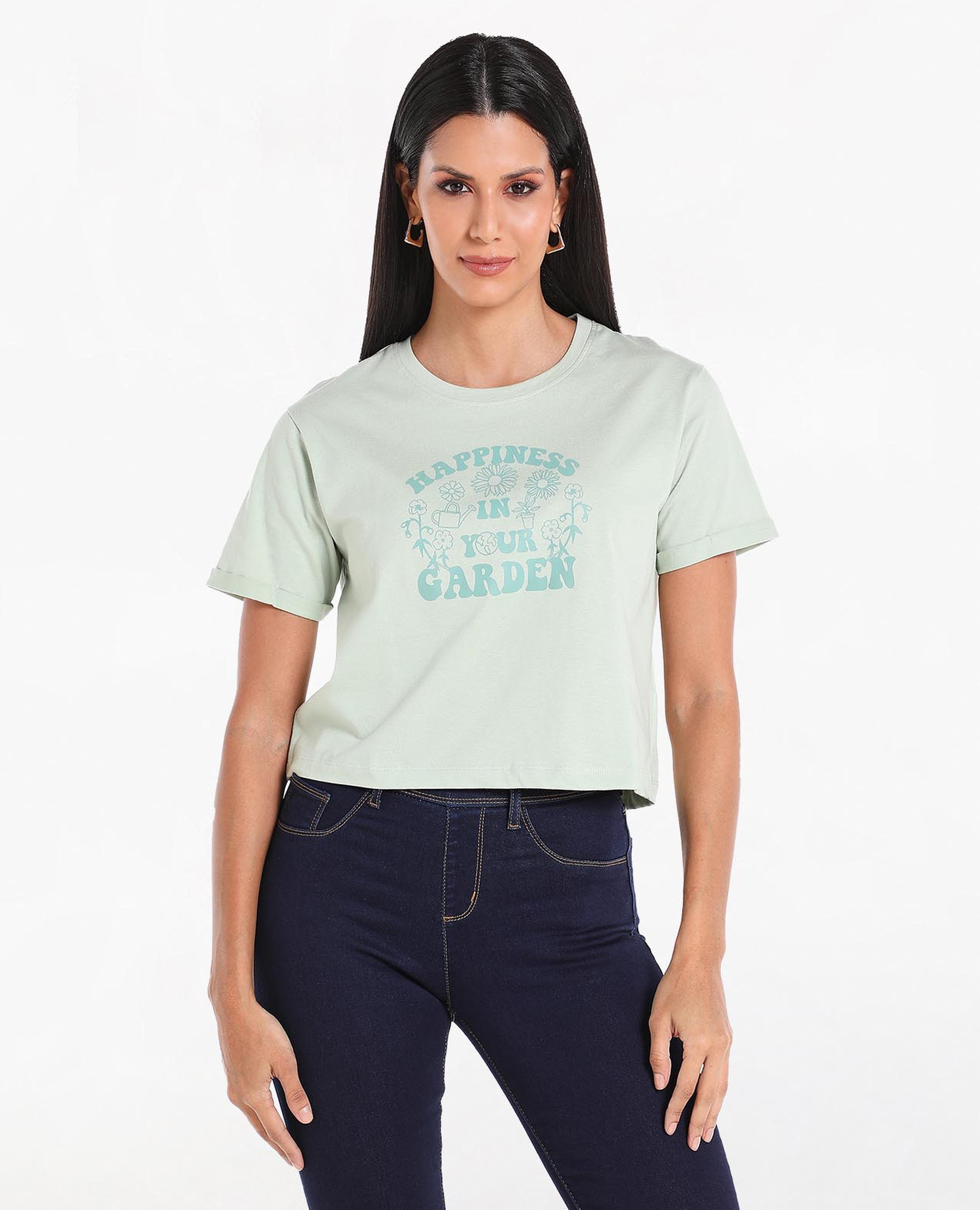 Typography Printed Cropped T-Shirt with Round Neck and Short Sleeves