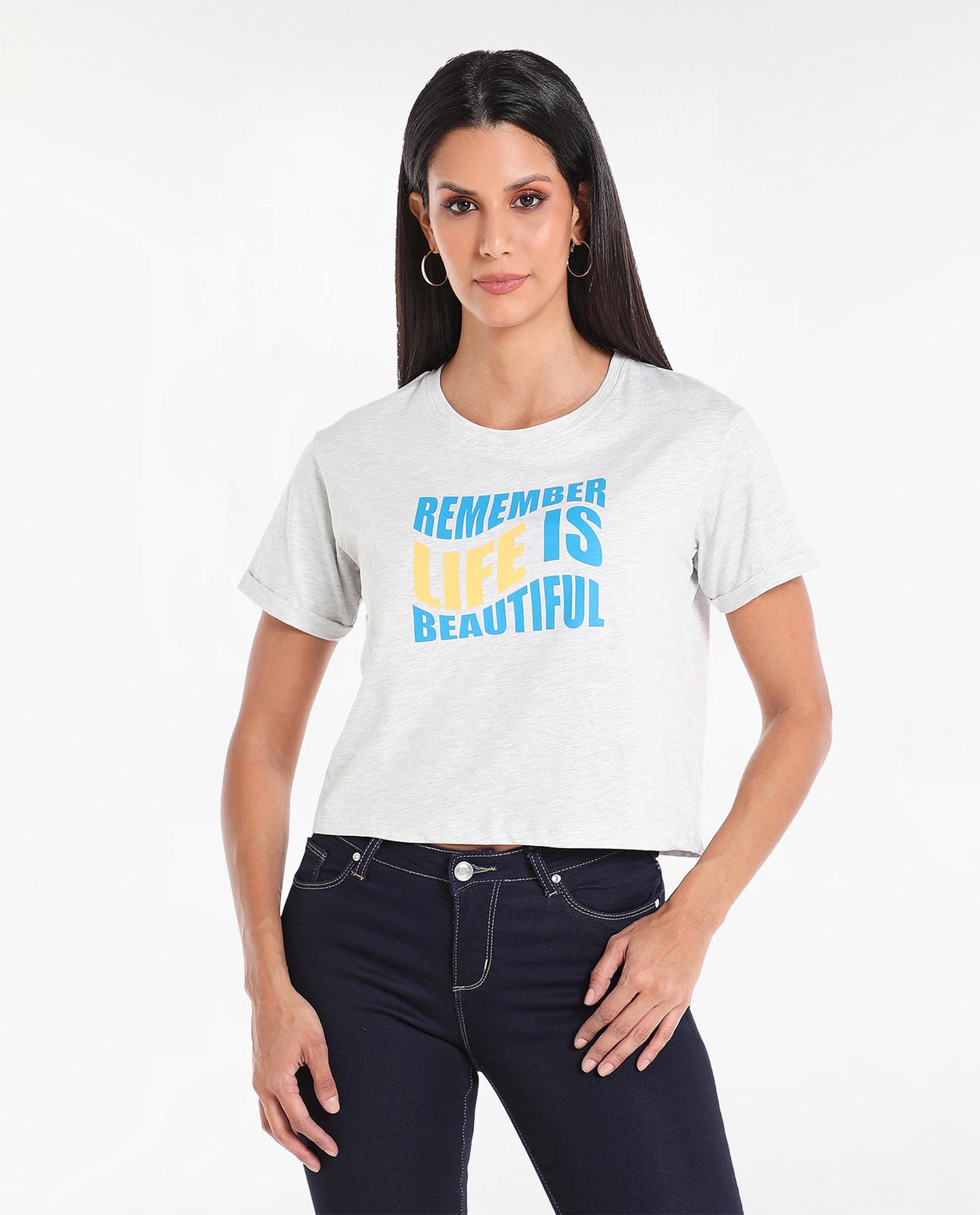 Typography Printed Cropped T-Shirt with Round Neck and Short Sleeves