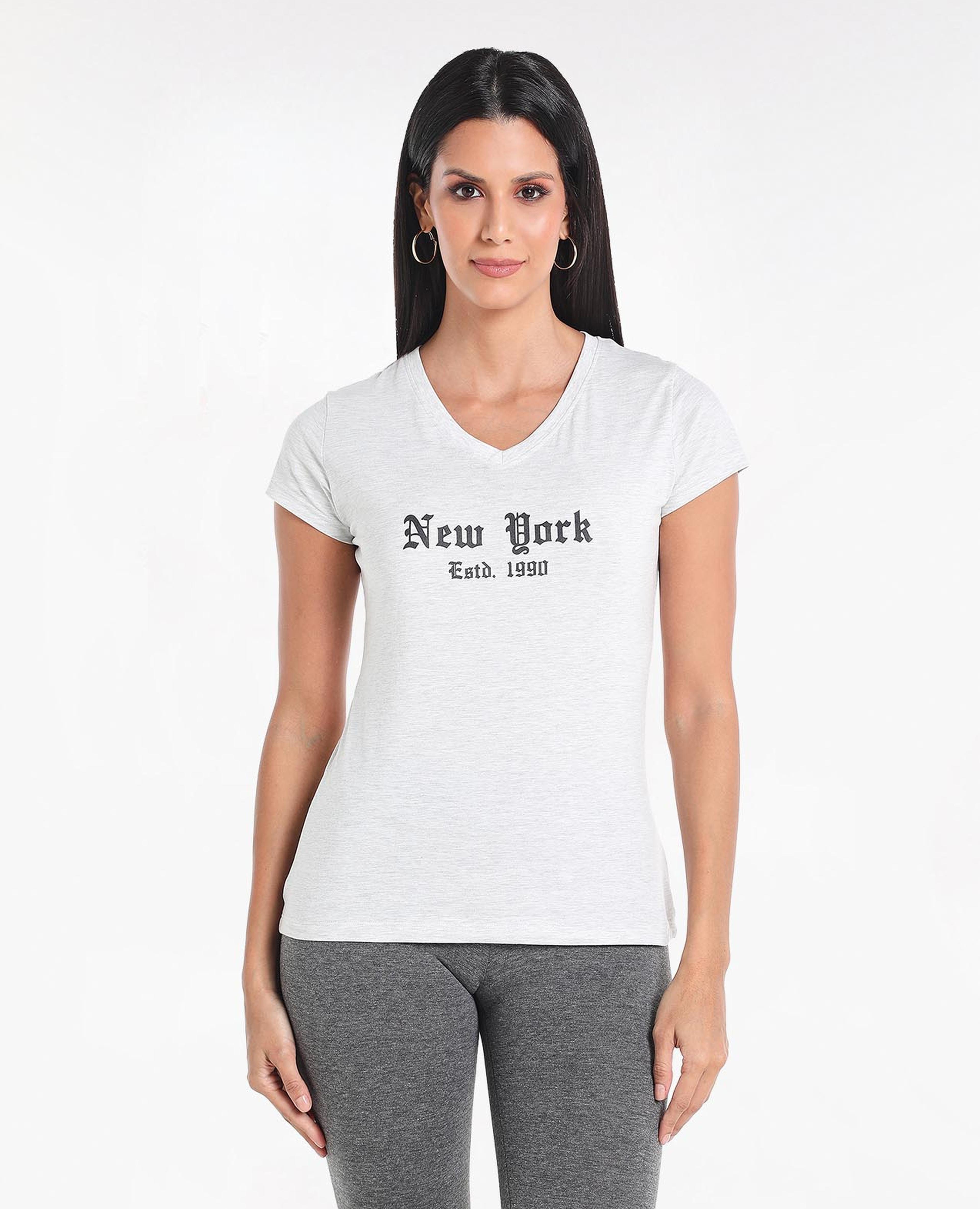 Typography Printed Sleep T-Shirt with V-Neck and Short Sleeves