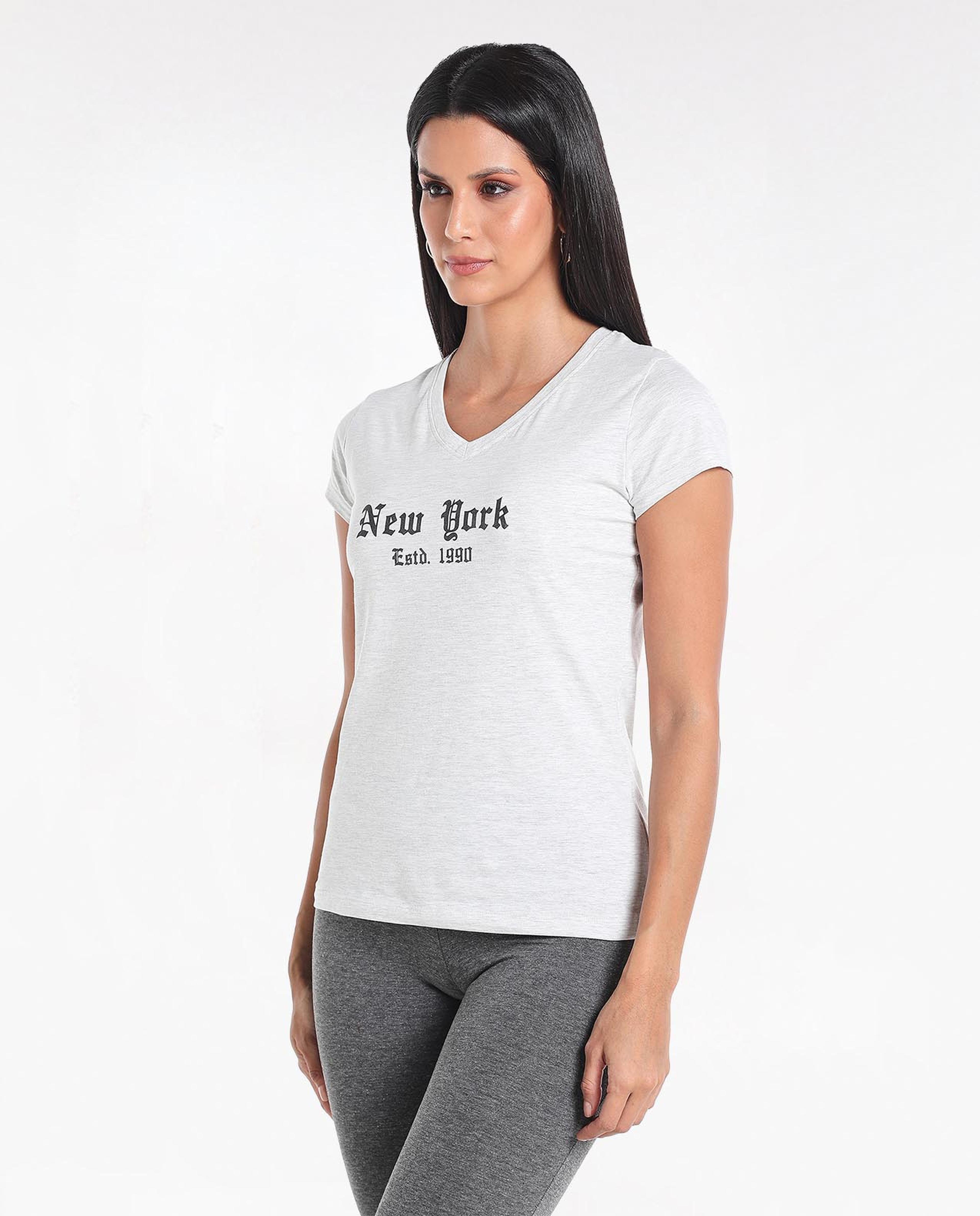 Typography Printed Sleep T-Shirt with V-Neck and Short Sleeves