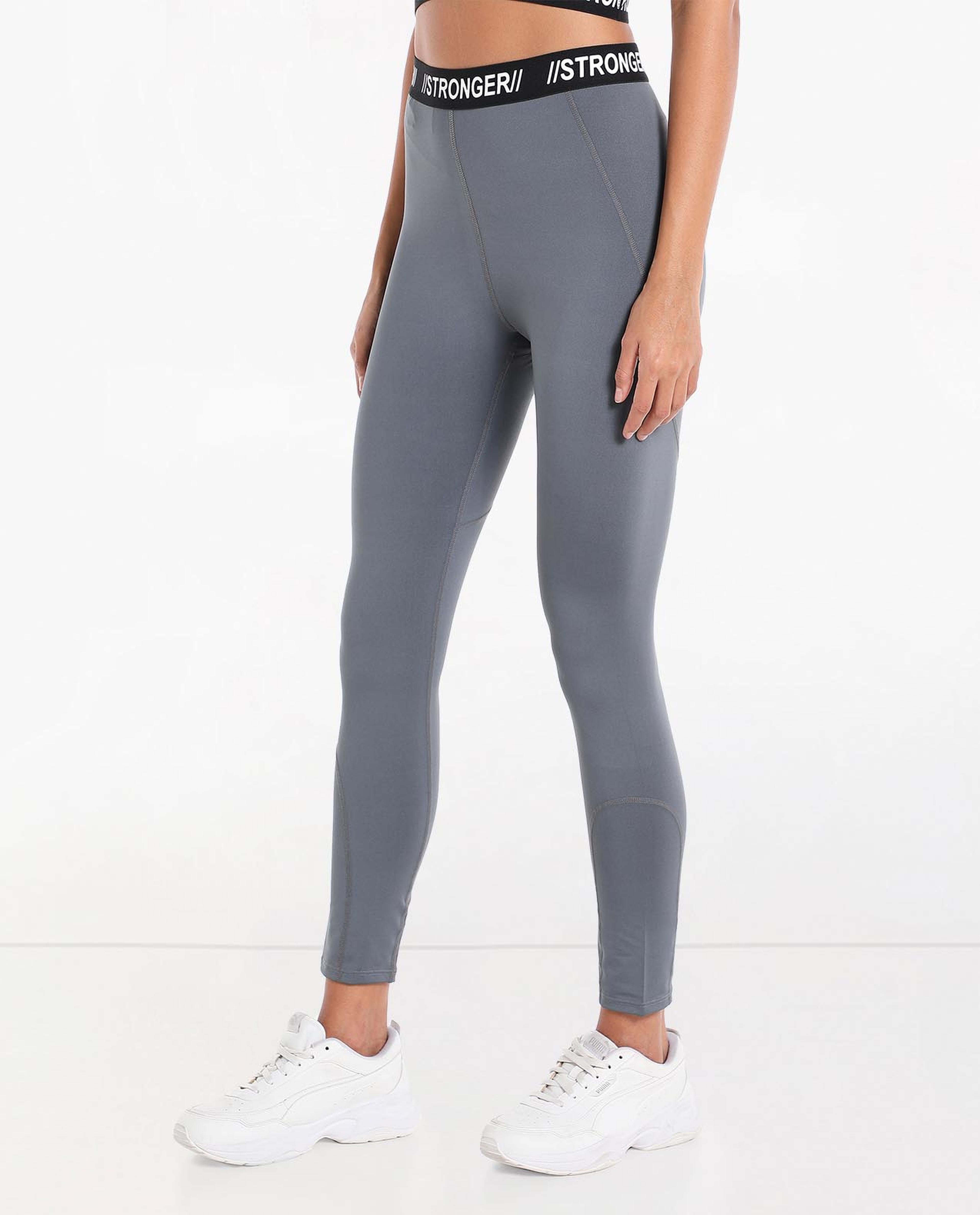 Solid Mid Waist Sports Leggings with Slip-On Closure