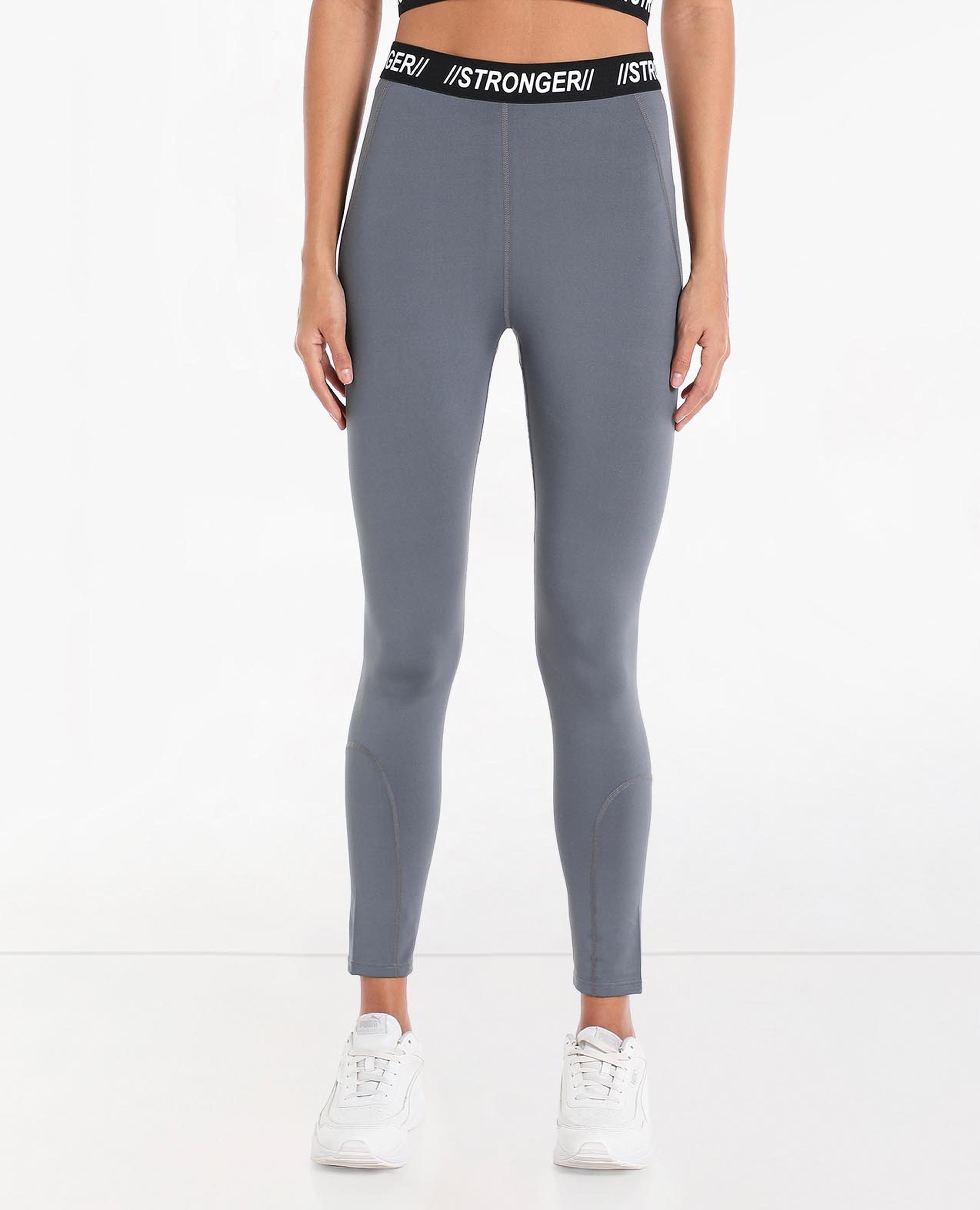 Solid Mid Waist Sports Leggings with Slip-On Closure