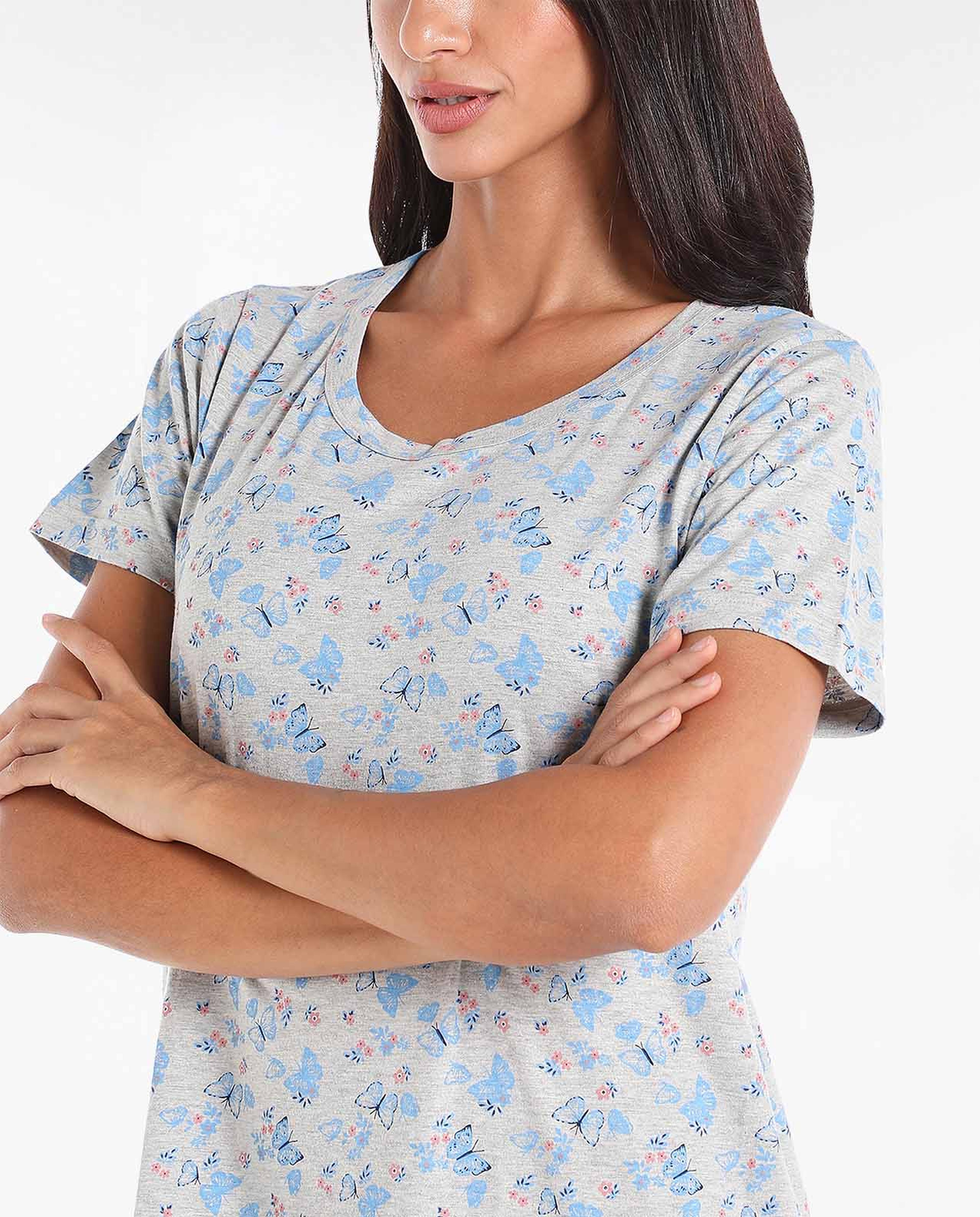 Floral Printed Sleep T-Shirt with Round Neck and Short Sleeves