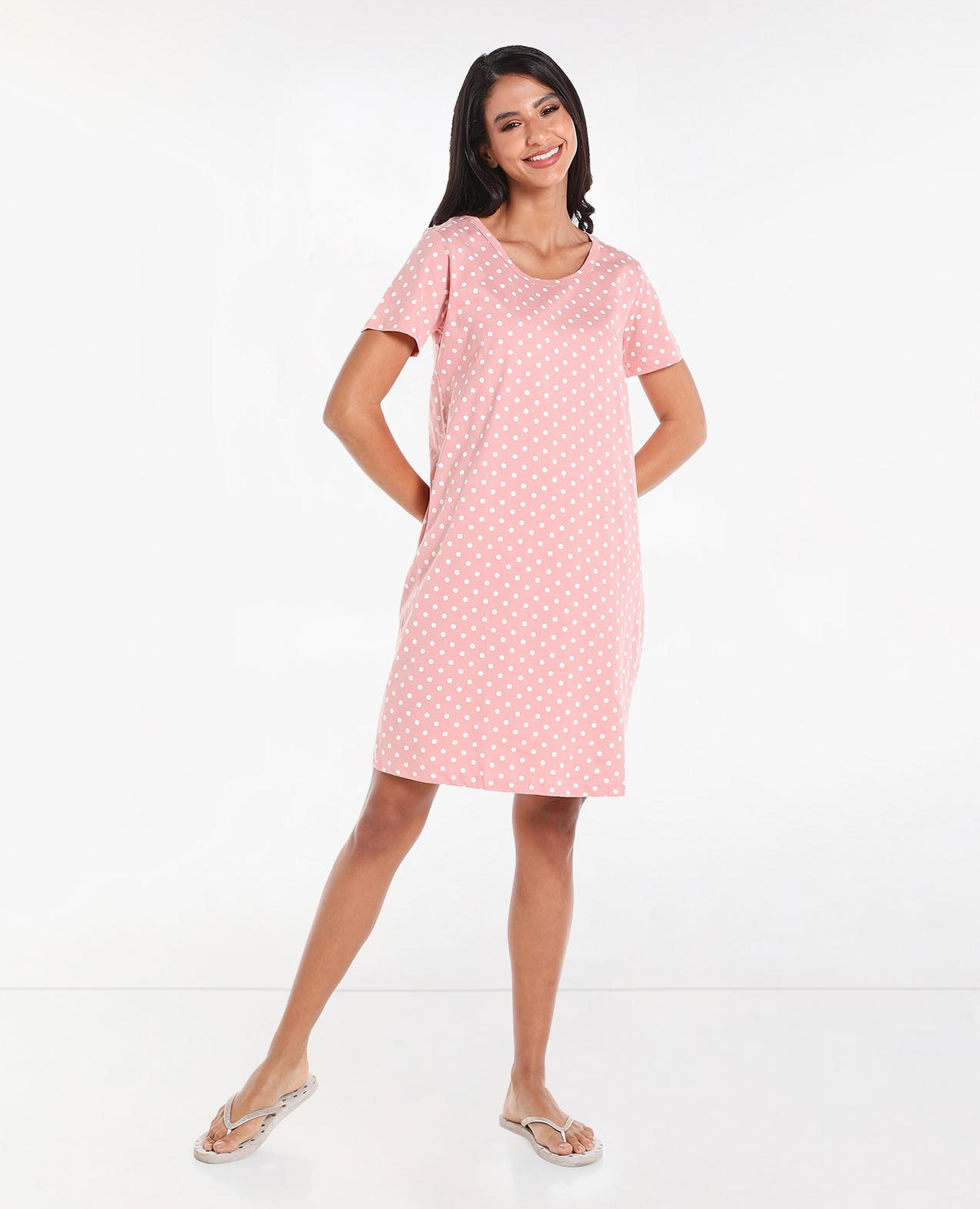Polka Dots Printed Sleep T-Shirt with Round Neck and Short Sleeves