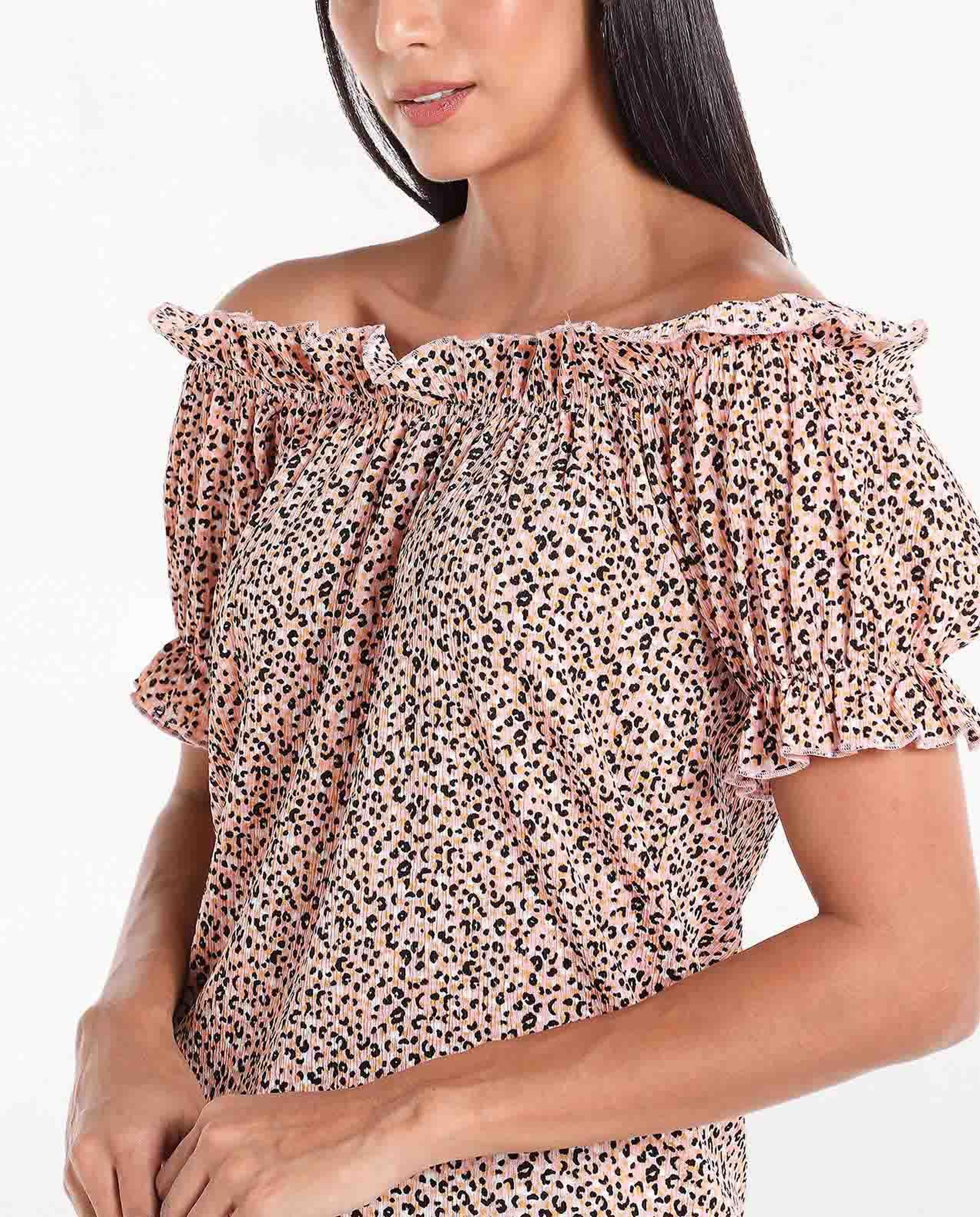 Printed Bardot Top with Off-Shoulder and Puff Sleeves
