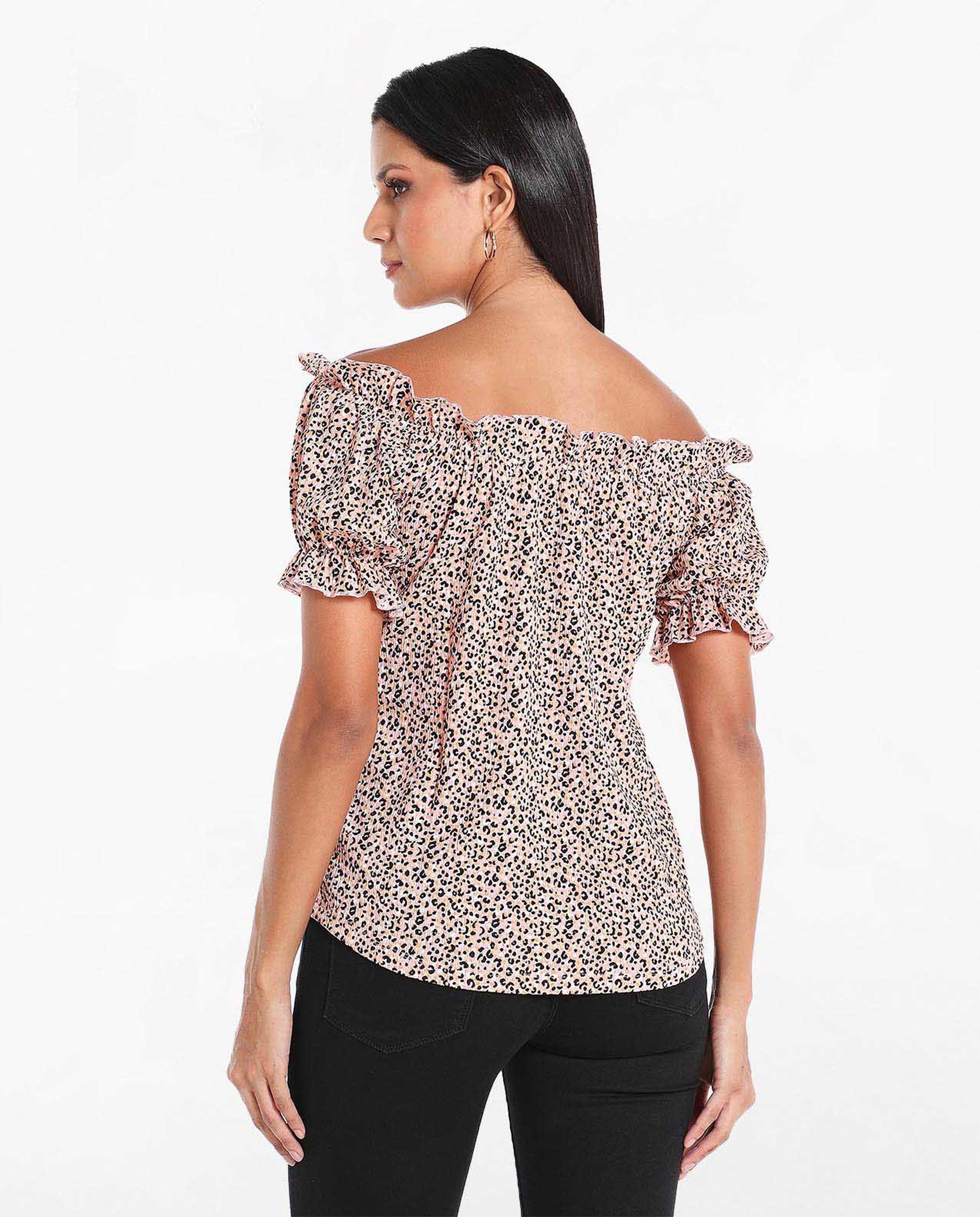 Printed Bardot Top with Off-Shoulder and Puff Sleeves