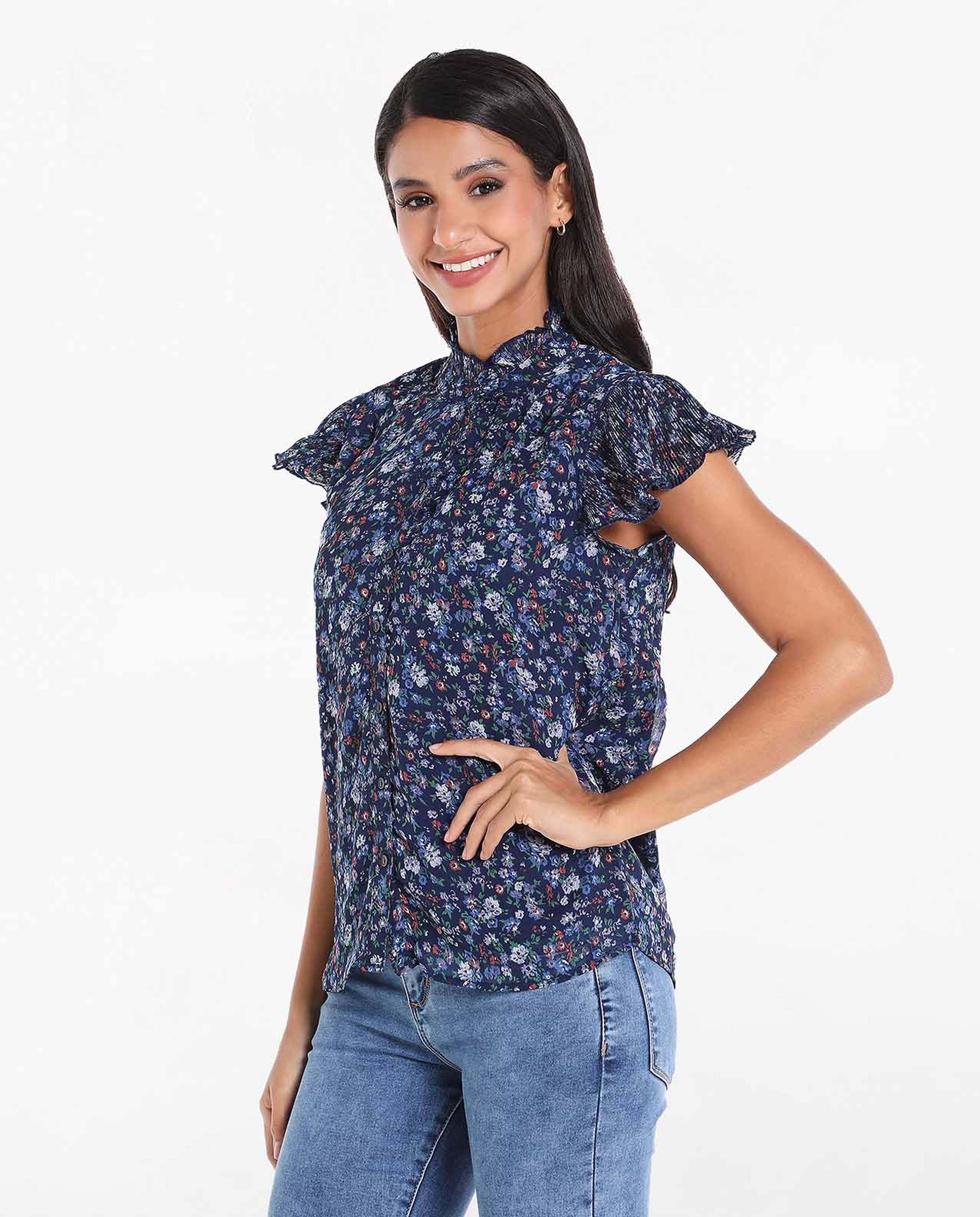 Floral Printed Top with Lettuce Neck and Cap Sleeves