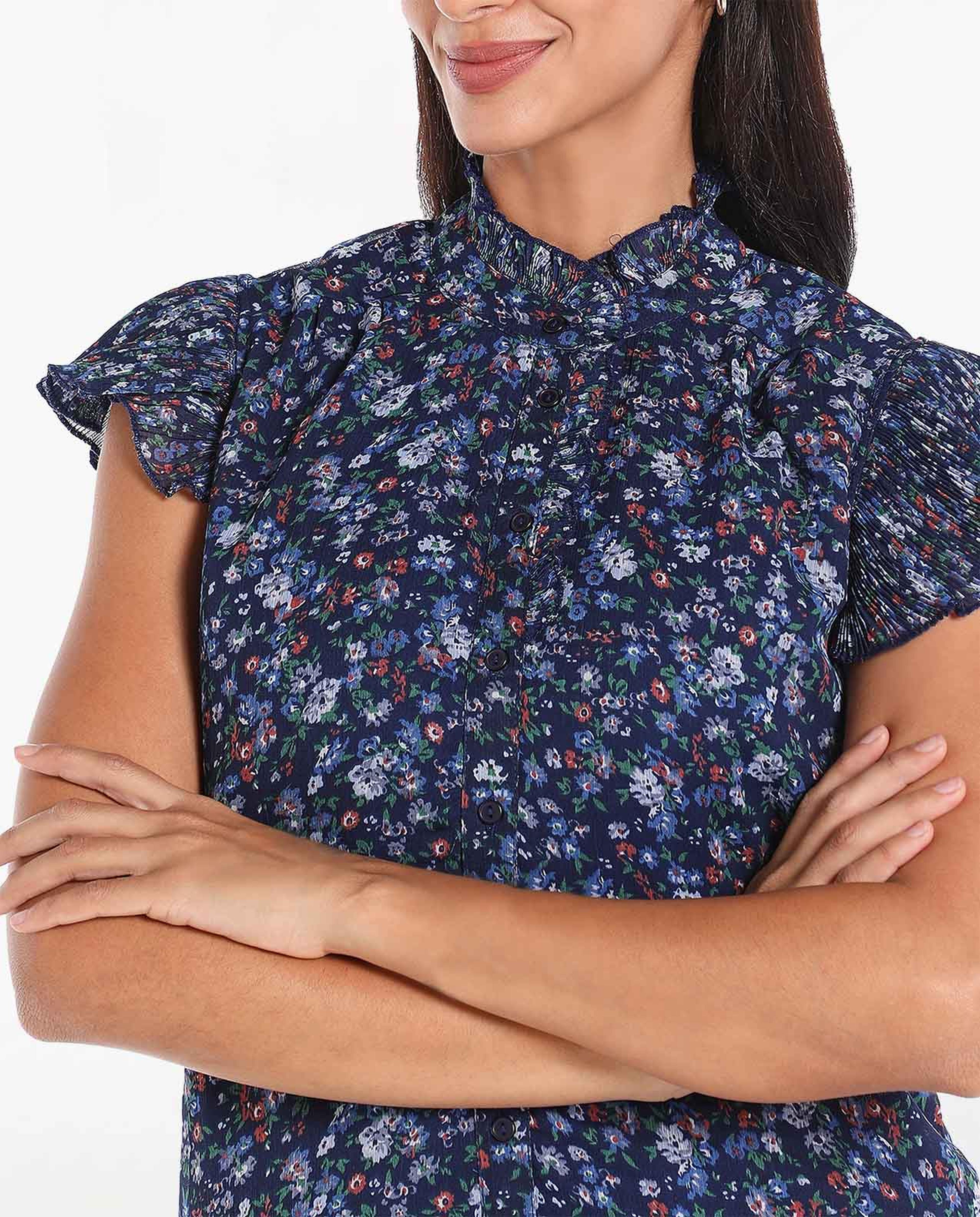 Floral Printed Top with Lettuce Neck and Cap Sleeves