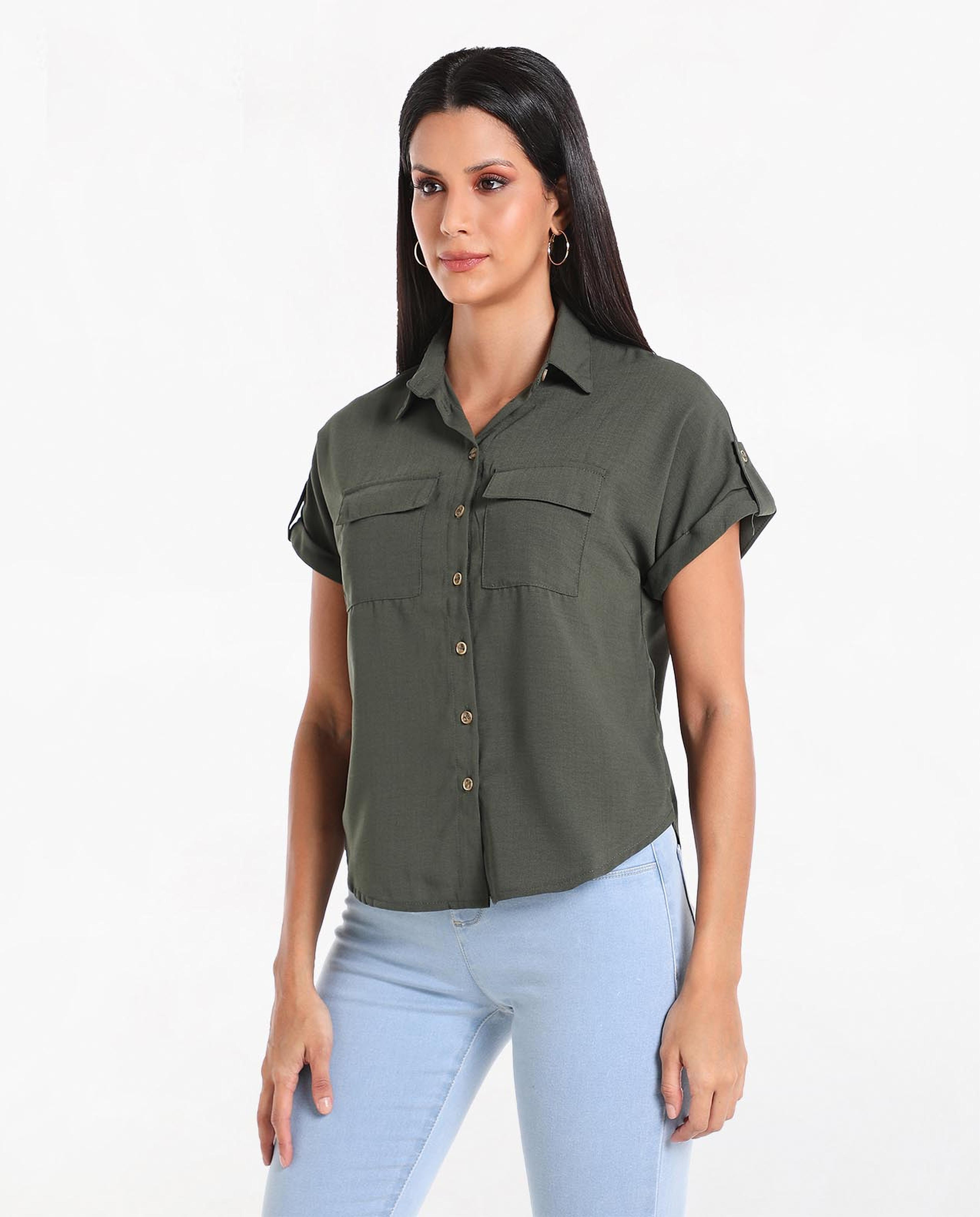 Solid Casual Shirt with Spread Collar and Short Sleeves