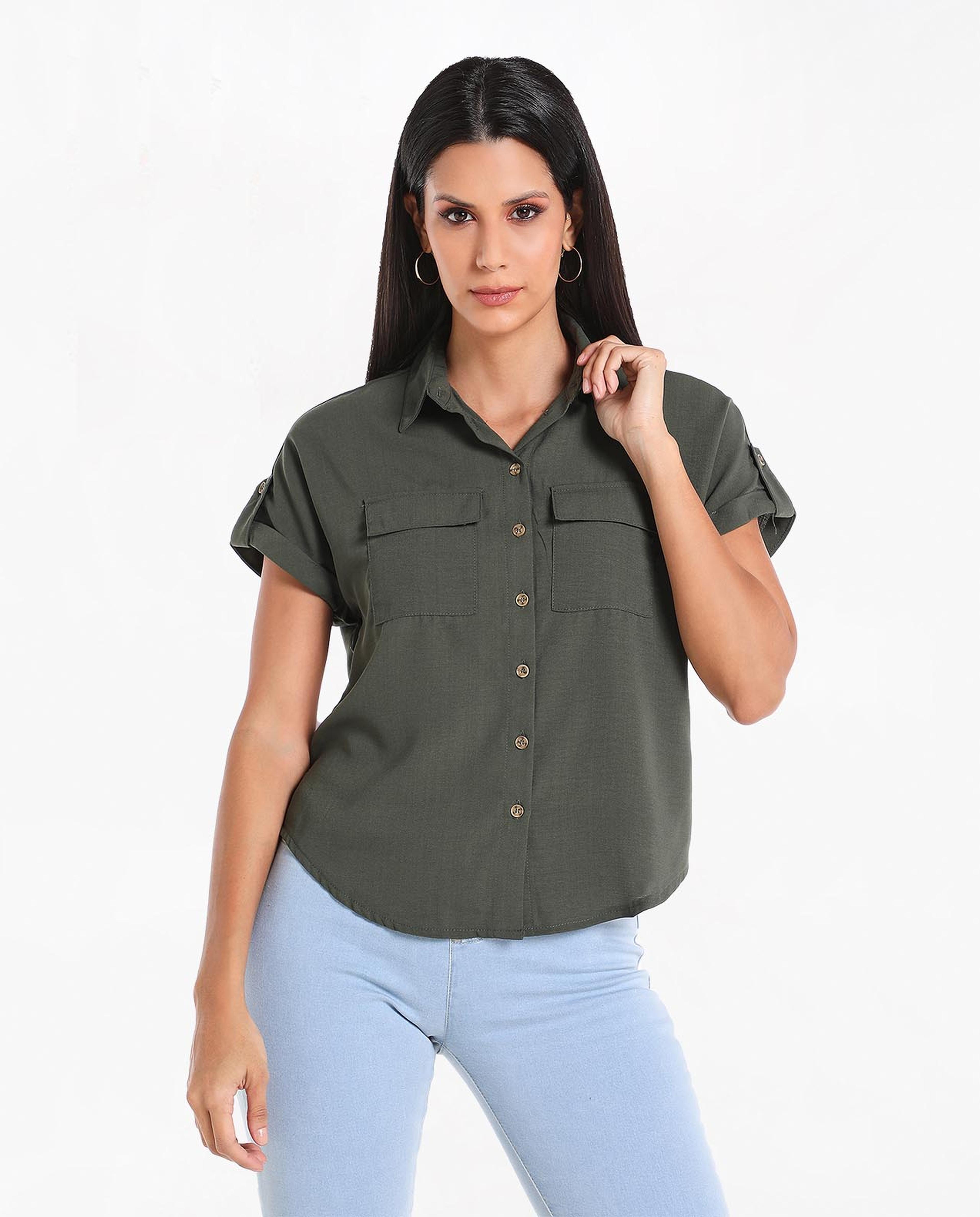 Solid Casual Shirt with Spread Collar and Short Sleeves