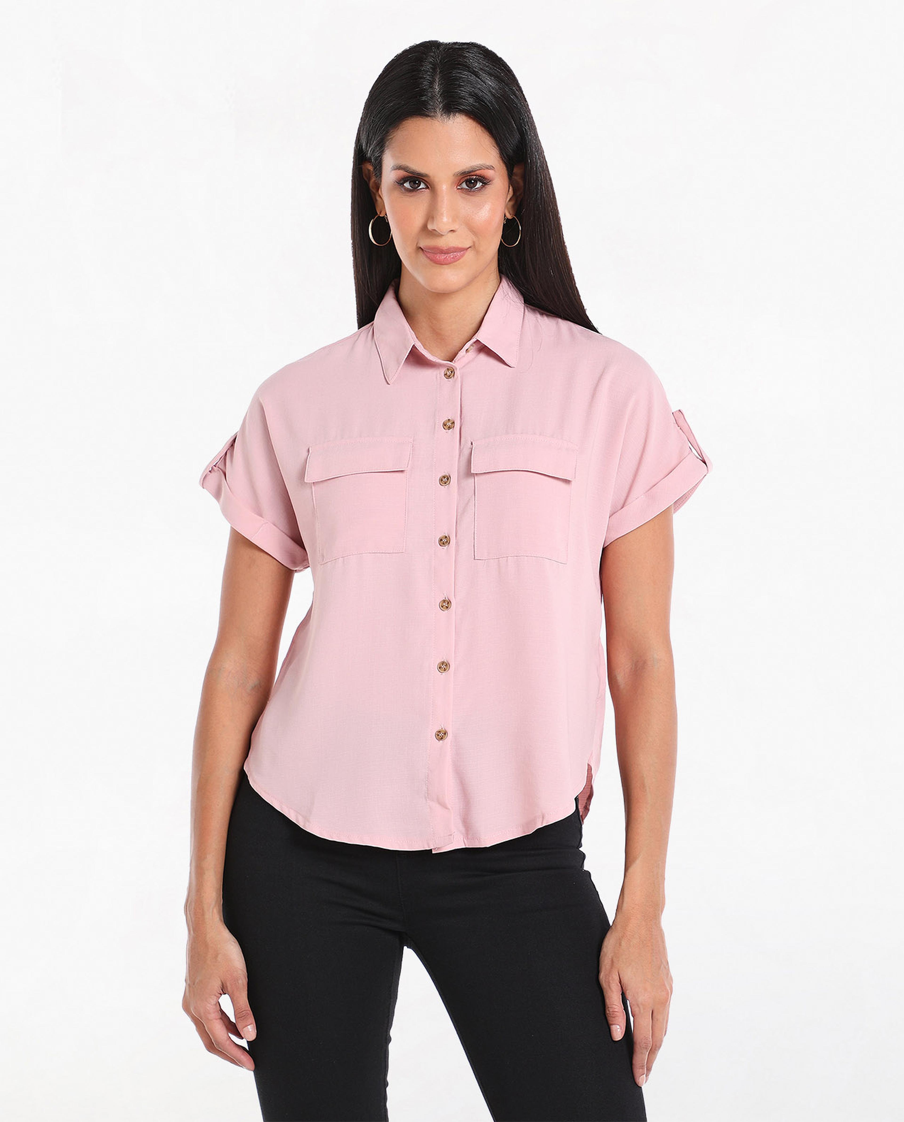 Solid Casual Shirt with Spread Collar and Short Sleeves