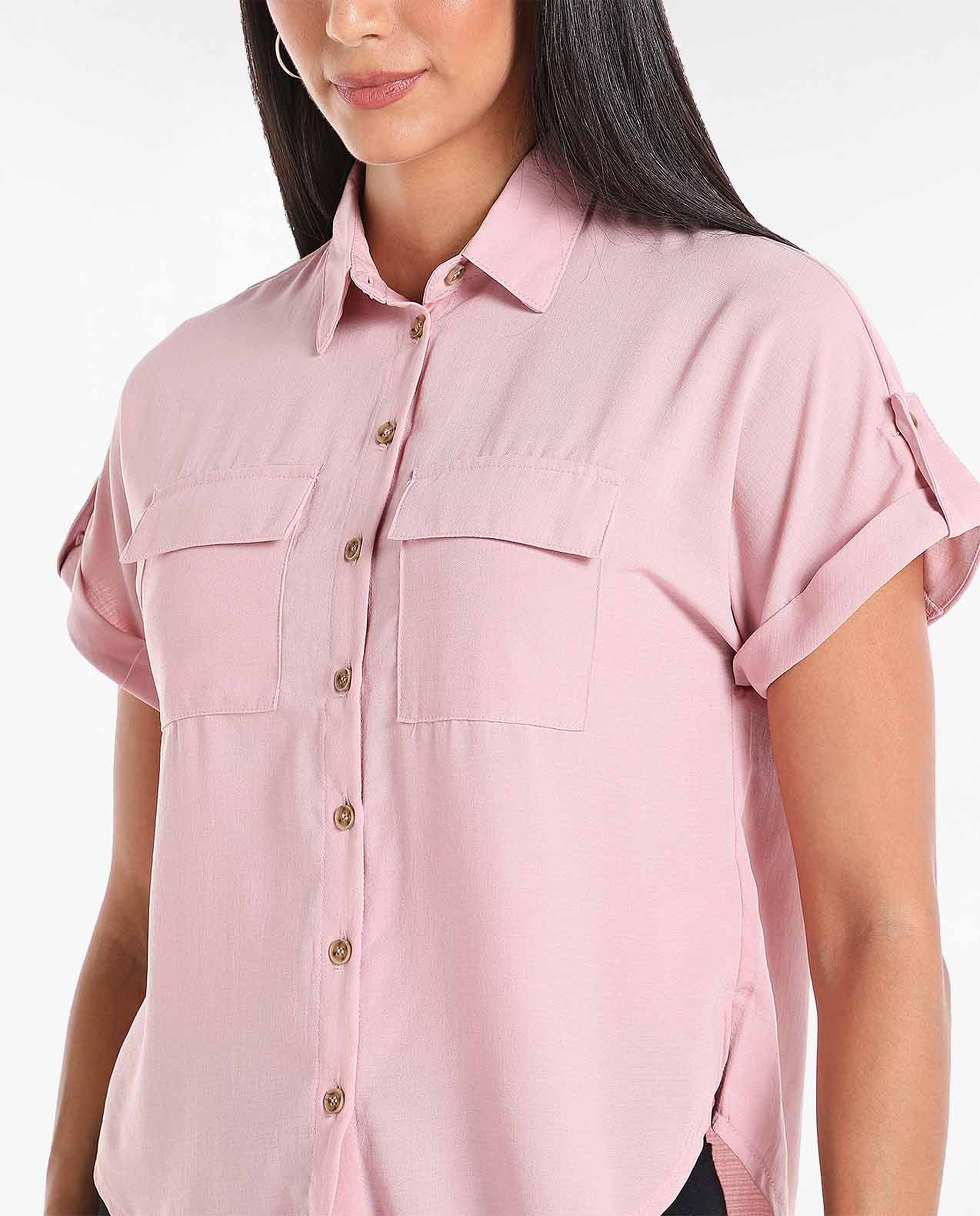 Solid Casual Shirt with Spread Collar and Short Sleeves