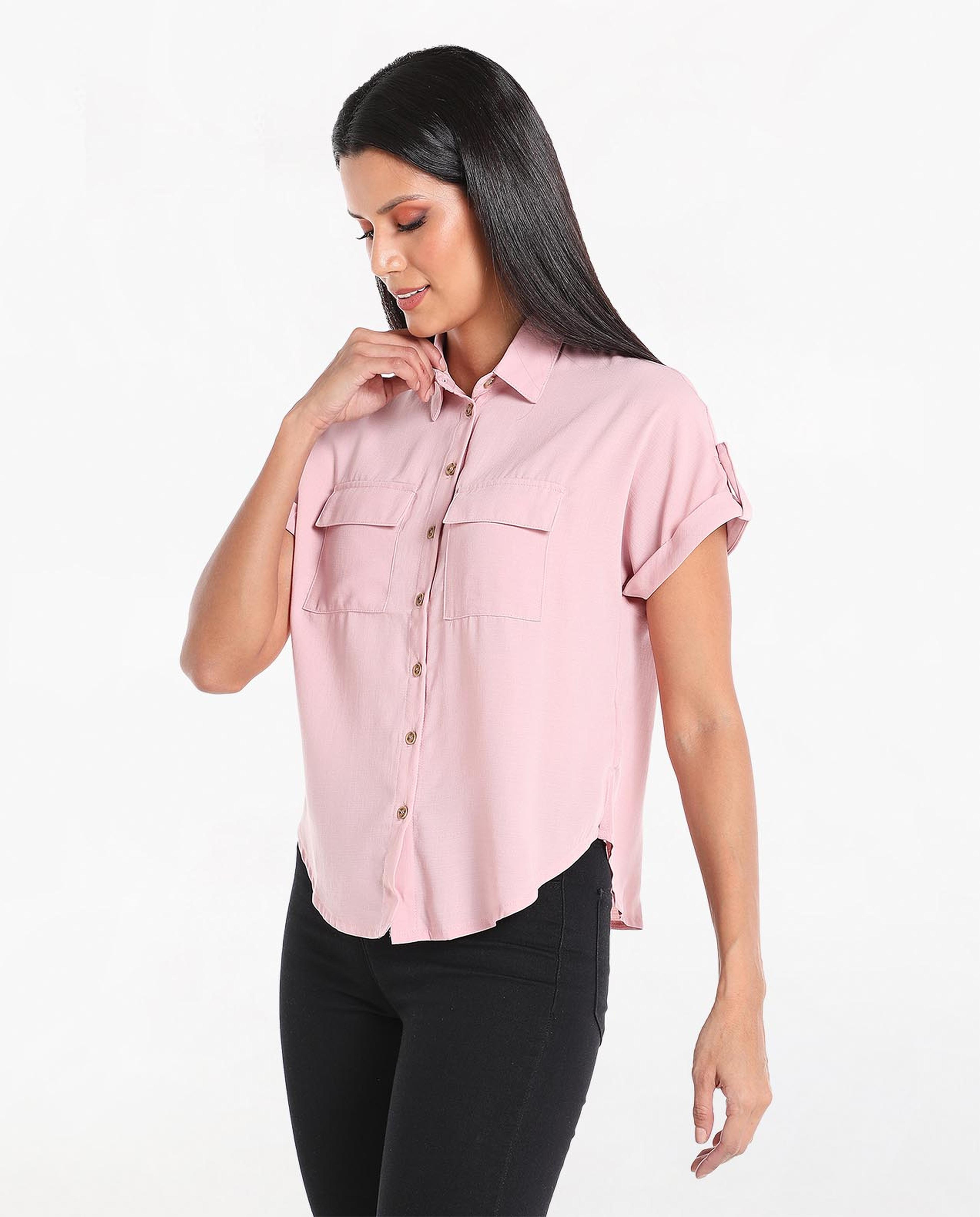 Solid Casual Shirt with Spread Collar and Short Sleeves