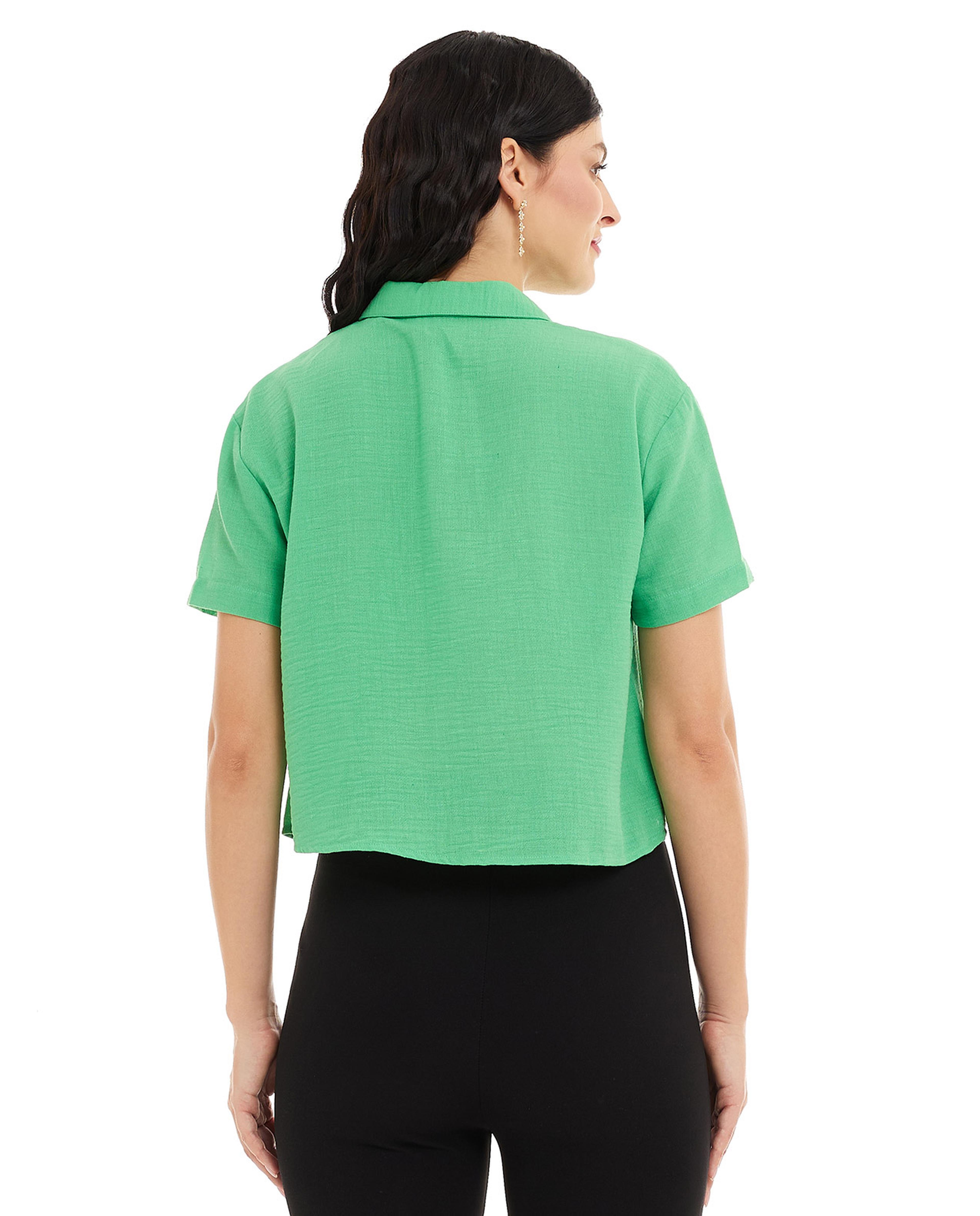 Solid Crop Shirt with Classic Collar and Short Sleeves